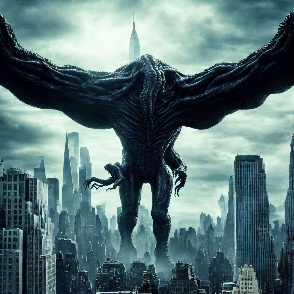 Giant winged creature over dark cityscape with skyscrapers