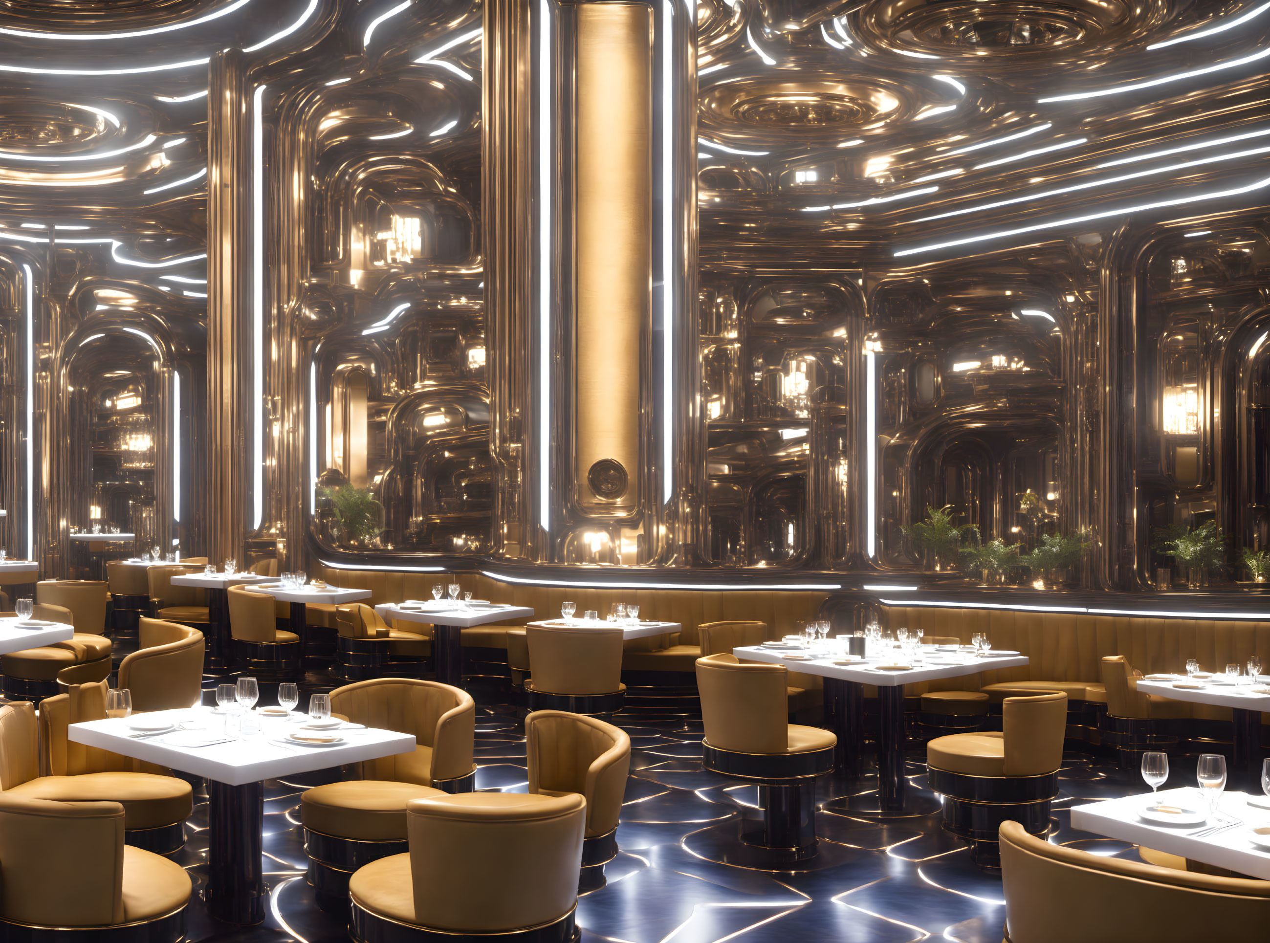 Opulent restaurant interior with golden pillars and blue neon floor lighting