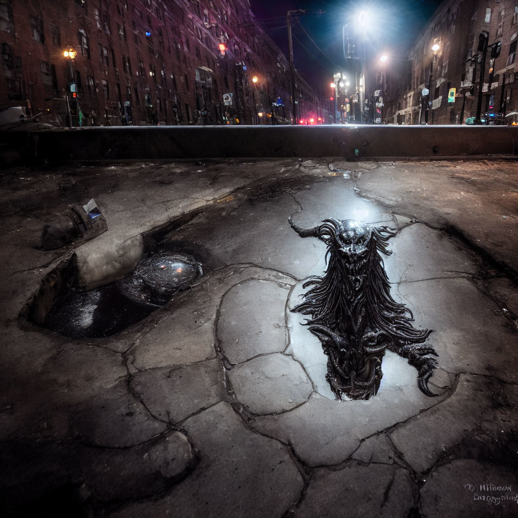 Urban Road Reflective Puddle Forms Eye Illusion Amidst City Lights