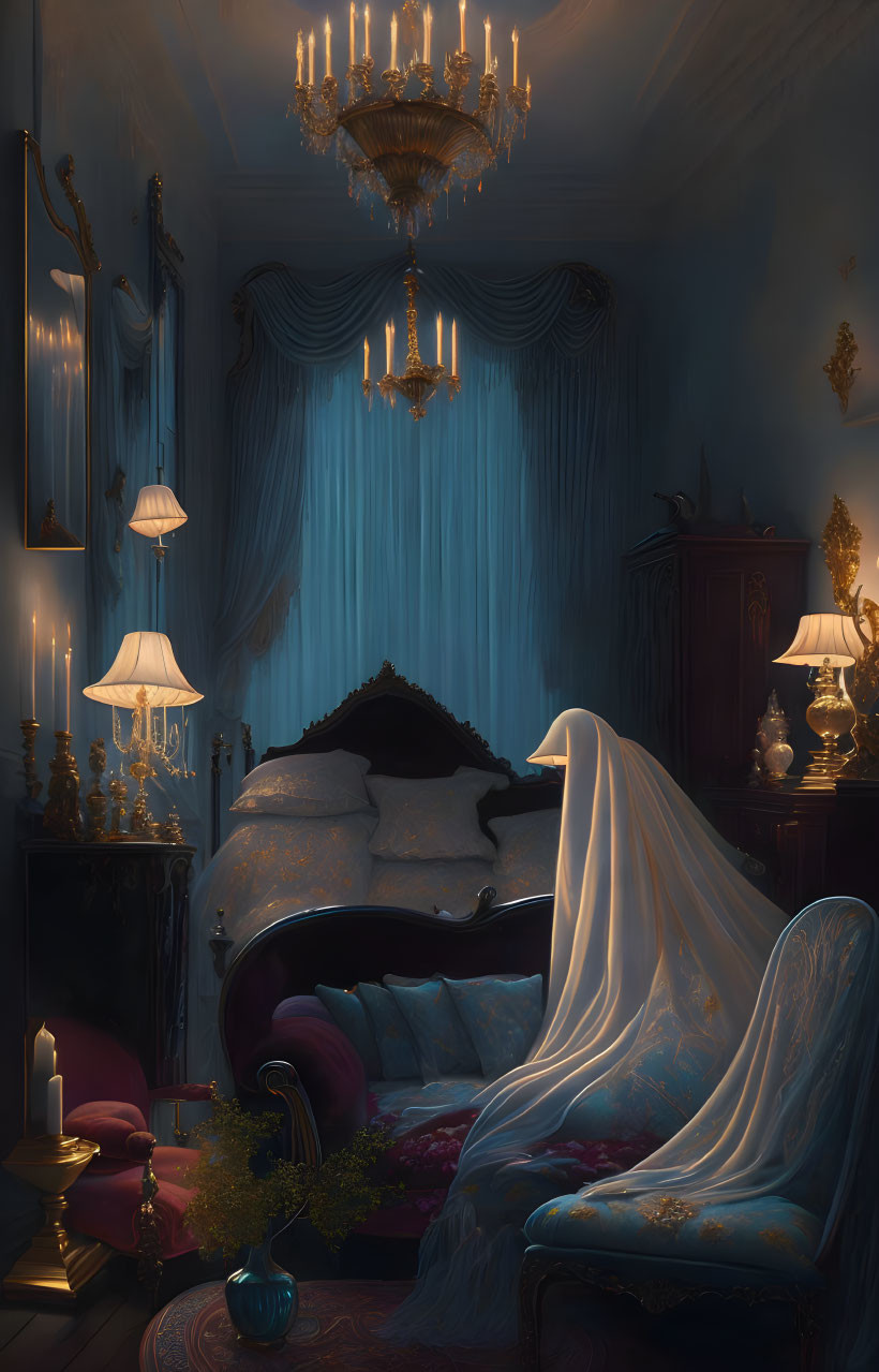 Ghostly Figure Under Sheet in Opulent Room with Vintage Furniture