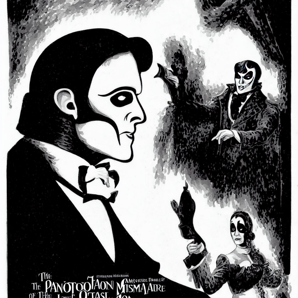 Monochrome theatrical illustration of Phantom adjusting mask with ghostly figures