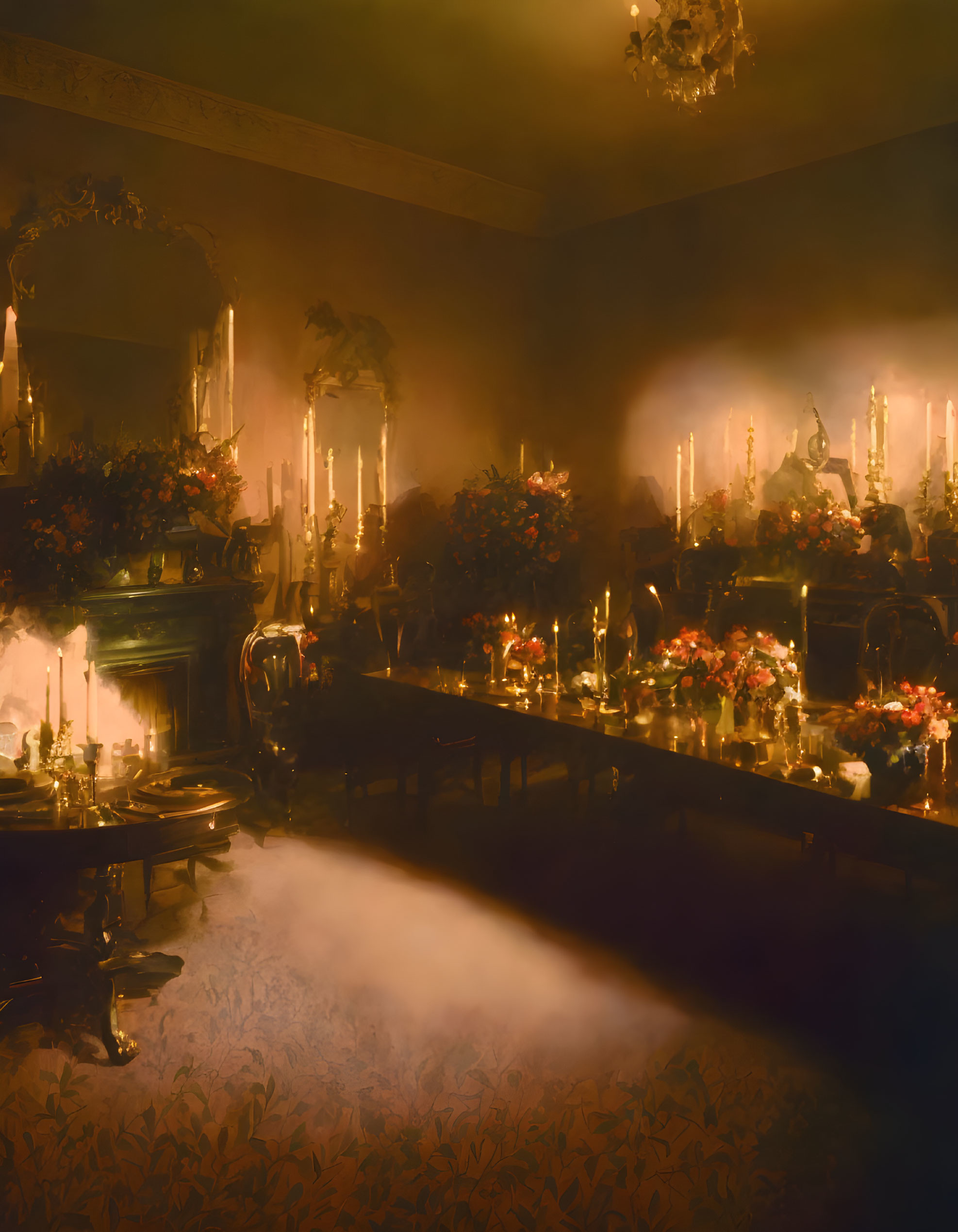 Dimly lit dining room with long table, candles, floral arrangements, and mist creating mystical ambiance