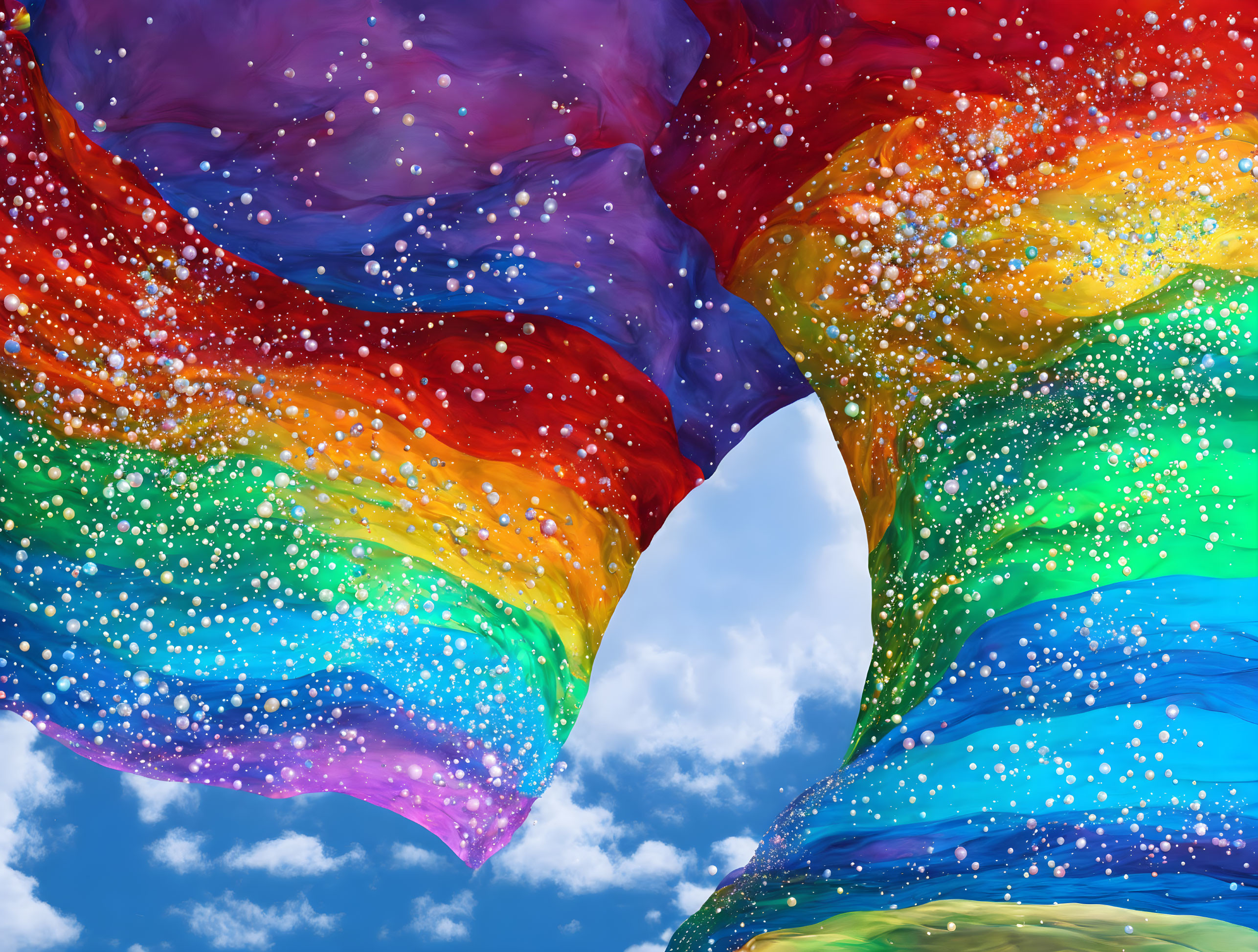 Colorful Rainbow Fabric Against Blue Sky with Clouds and Glitter-like Spots