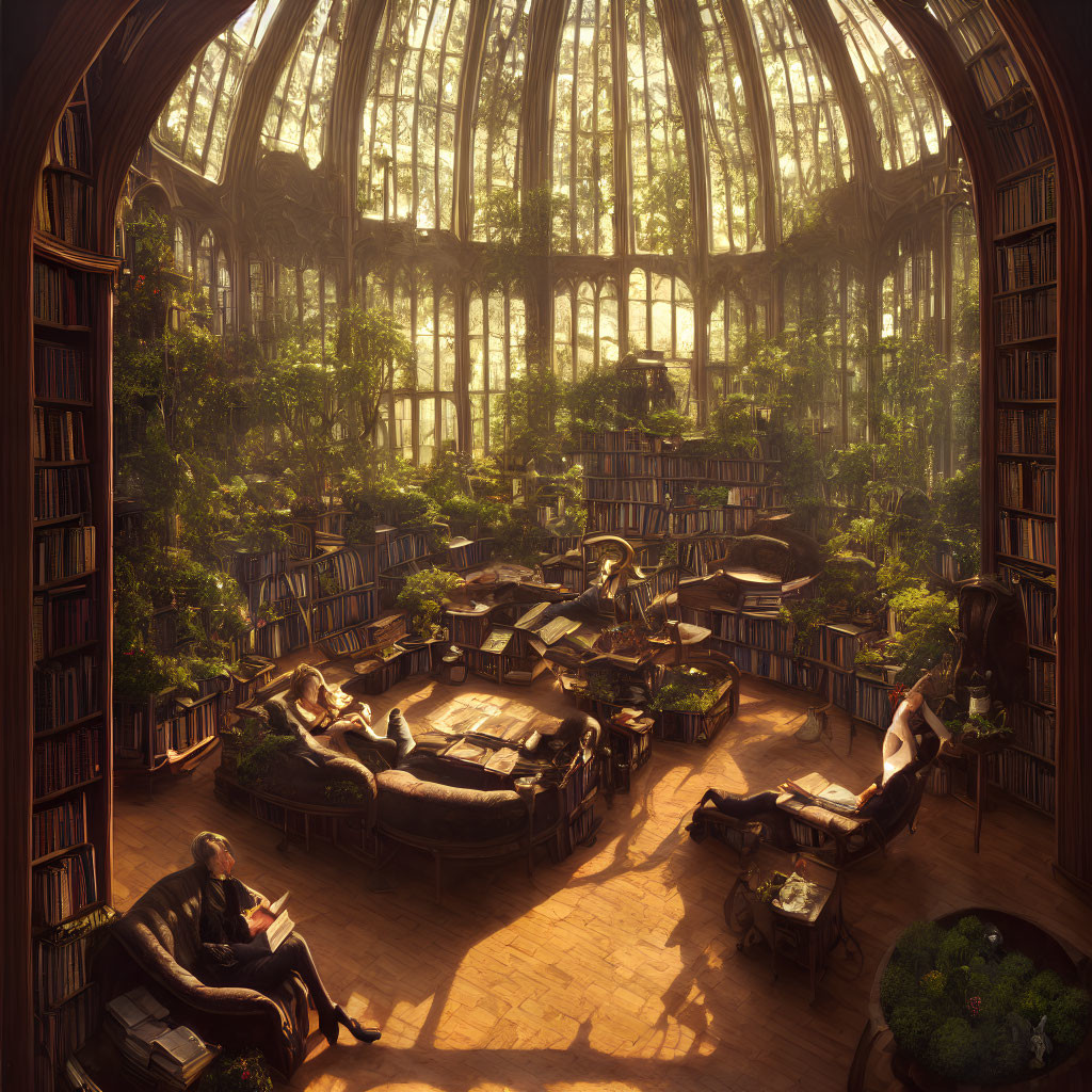 Circular sunlit library with towering bookshelves, arched windows, plants, and readers.