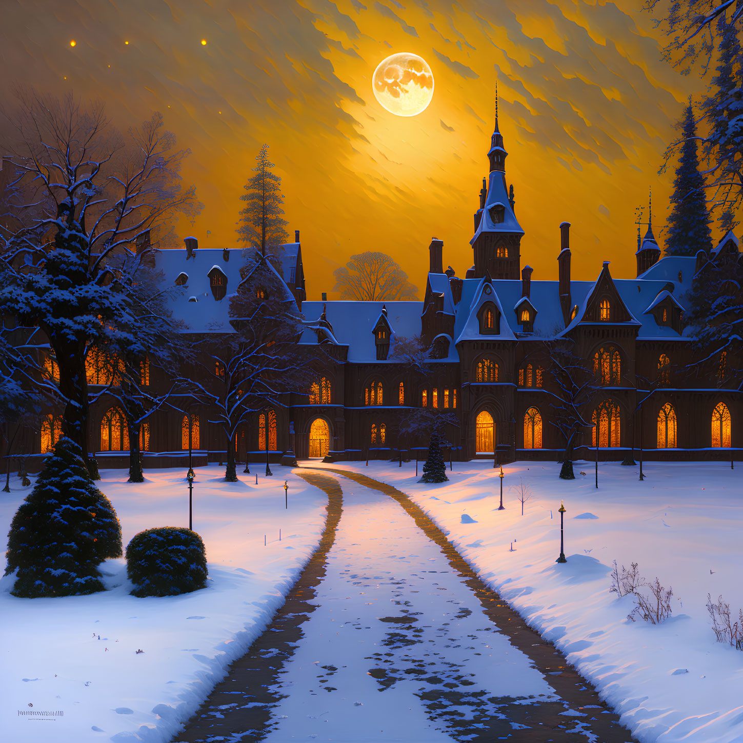 Snowy evening scene: castle-like building under full moon with illuminated windows.