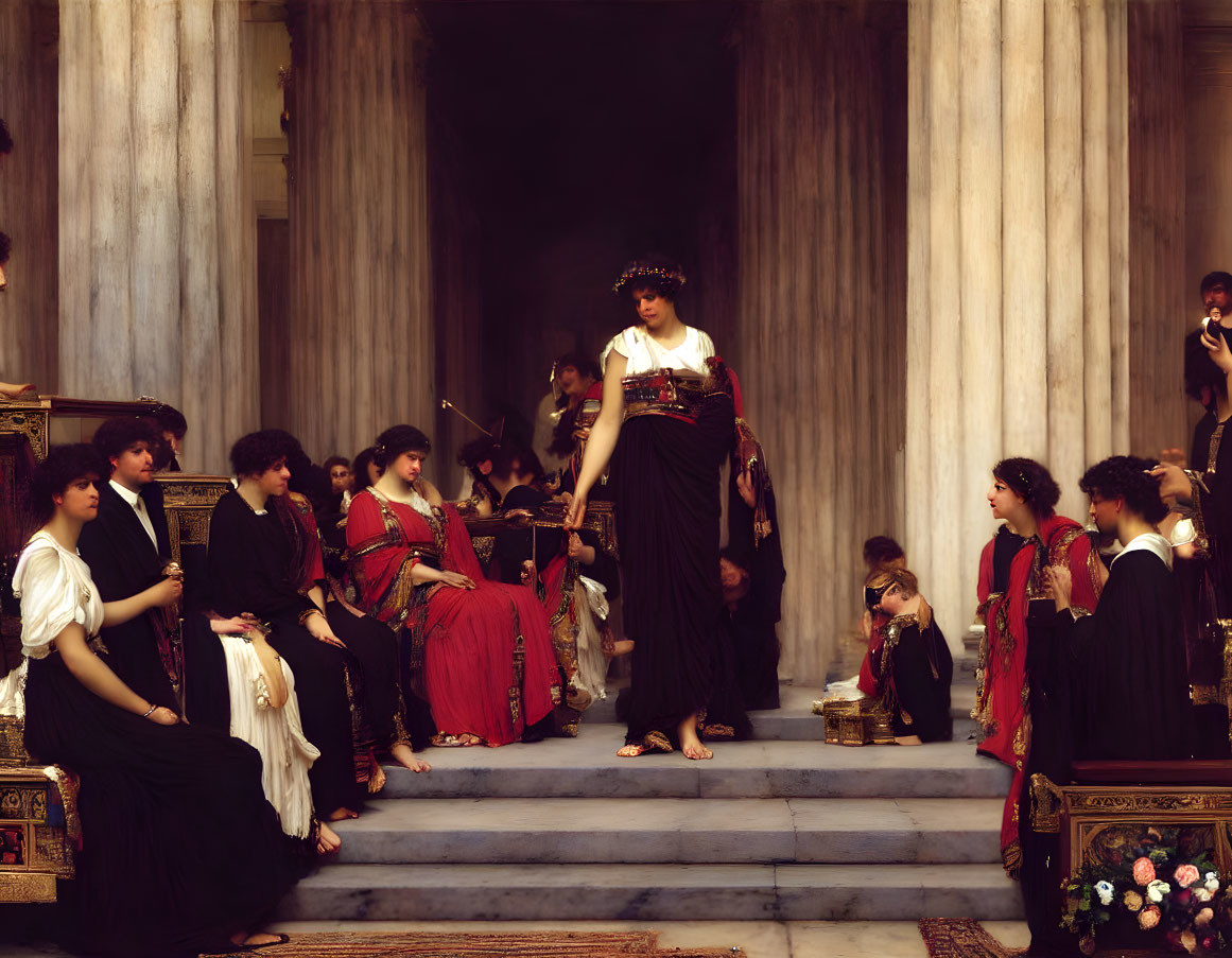 Classical scene: Woman in attire descending steps in ancient hall