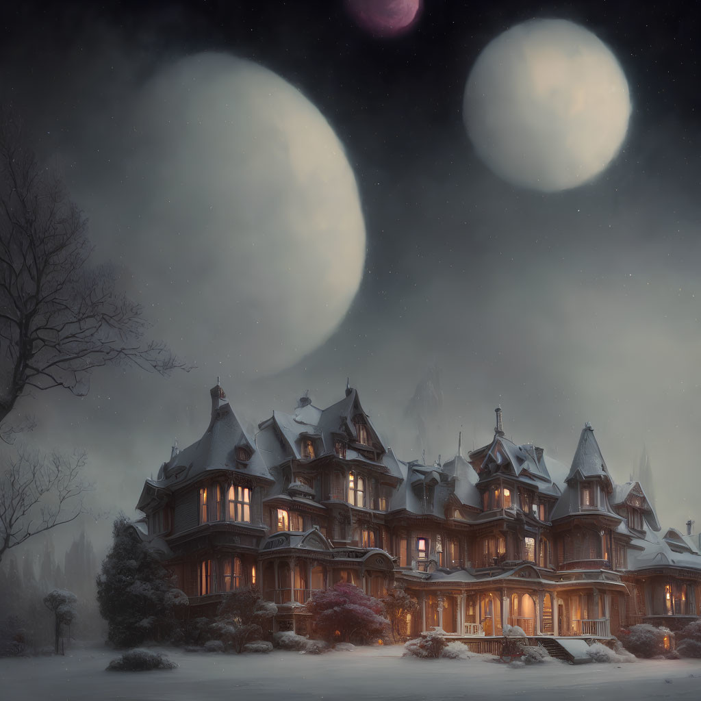 Victorian-style mansion in snowy night with dual moons and distant mountains