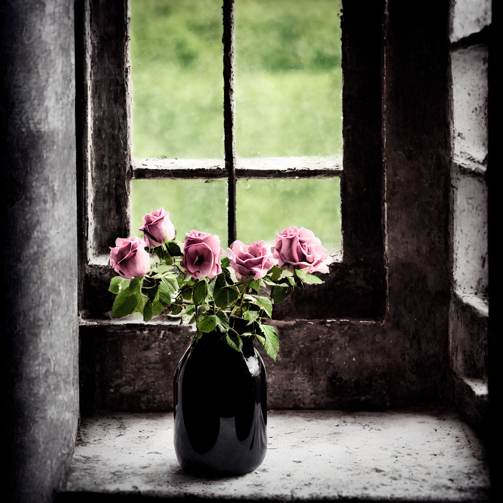 Pink roses in a vase on windowsill with iron bars and blurry green landscape