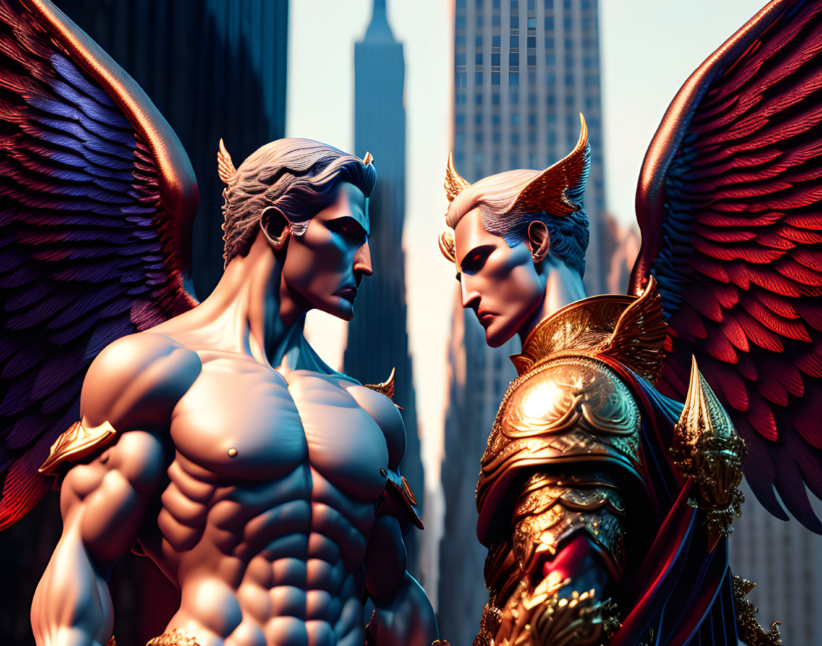 Muscular winged fantasy characters in elaborate armor face off against city skyline