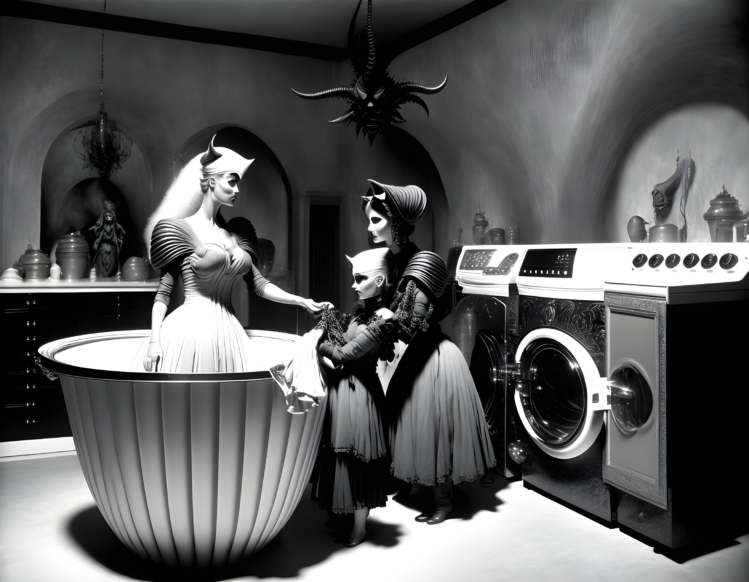 Monochrome porcelain doll figures in vintage laundry room