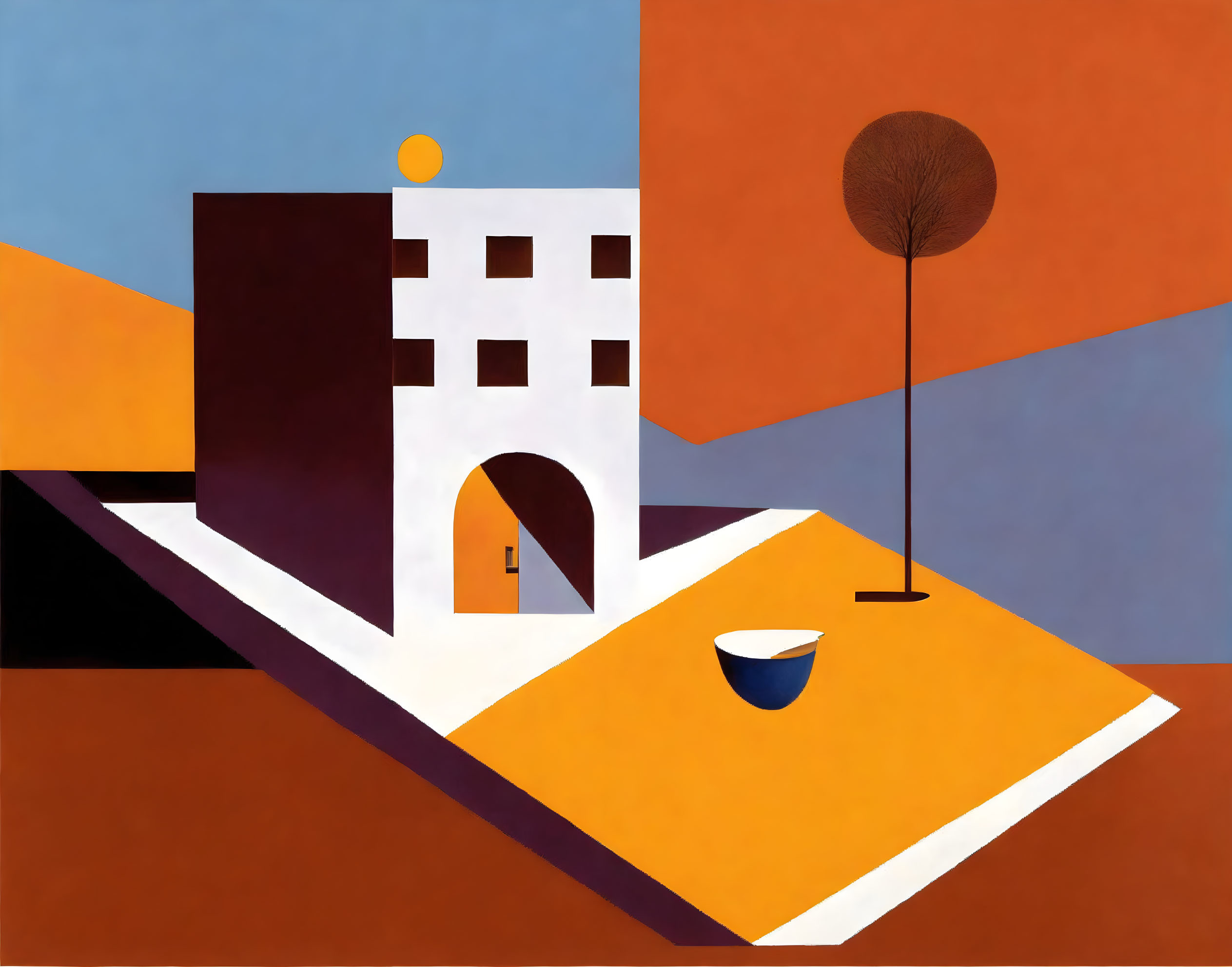 Geometric composition with building, bowl, tree on multicolored backdrop