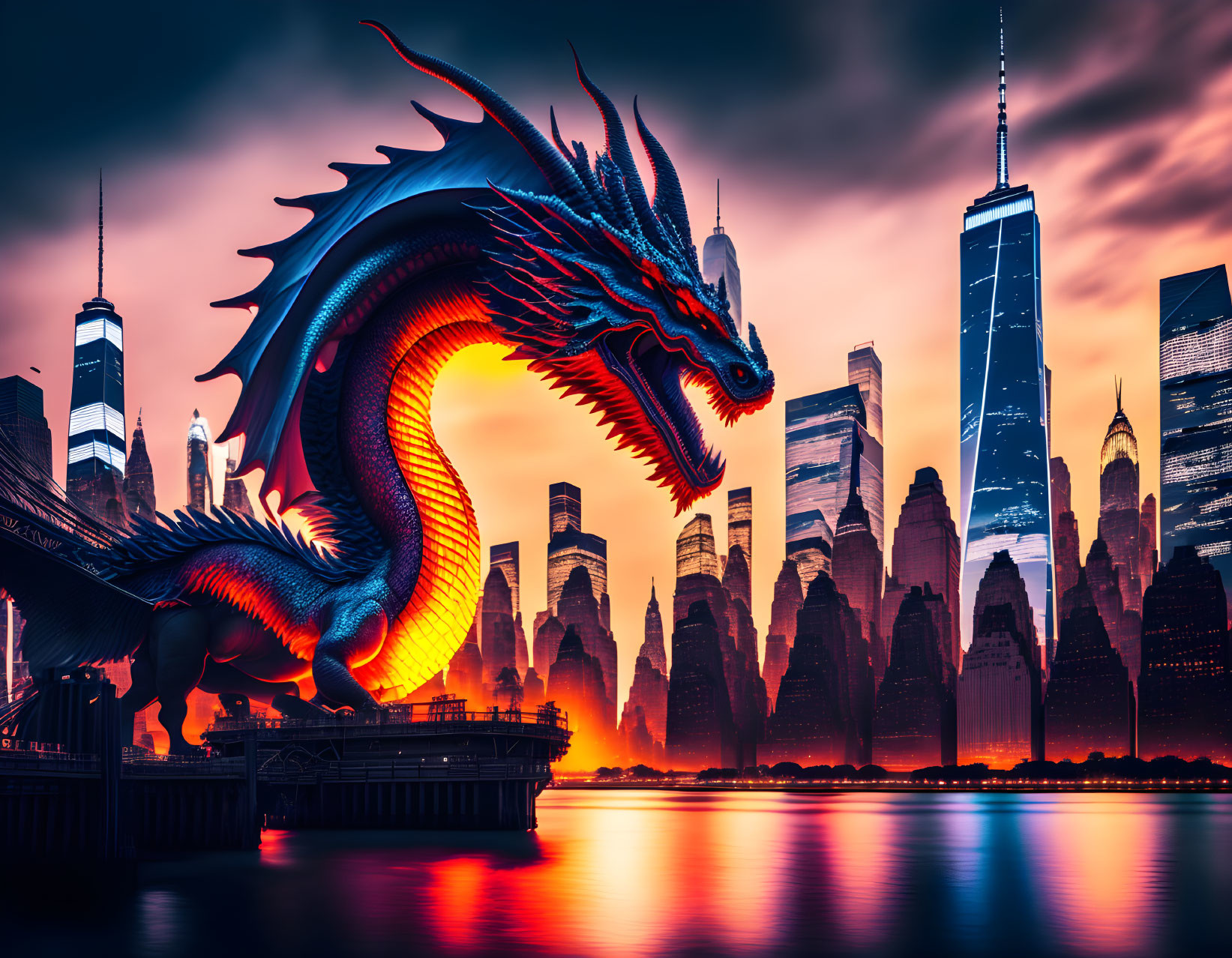 Blue and Red Dragon on Pier with Sunset Skyline