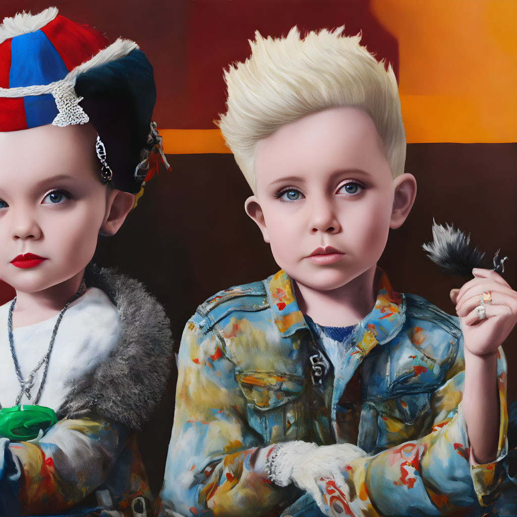 Children with artistic makeup and attire against colorful background, one with feather, one in multicolored hat