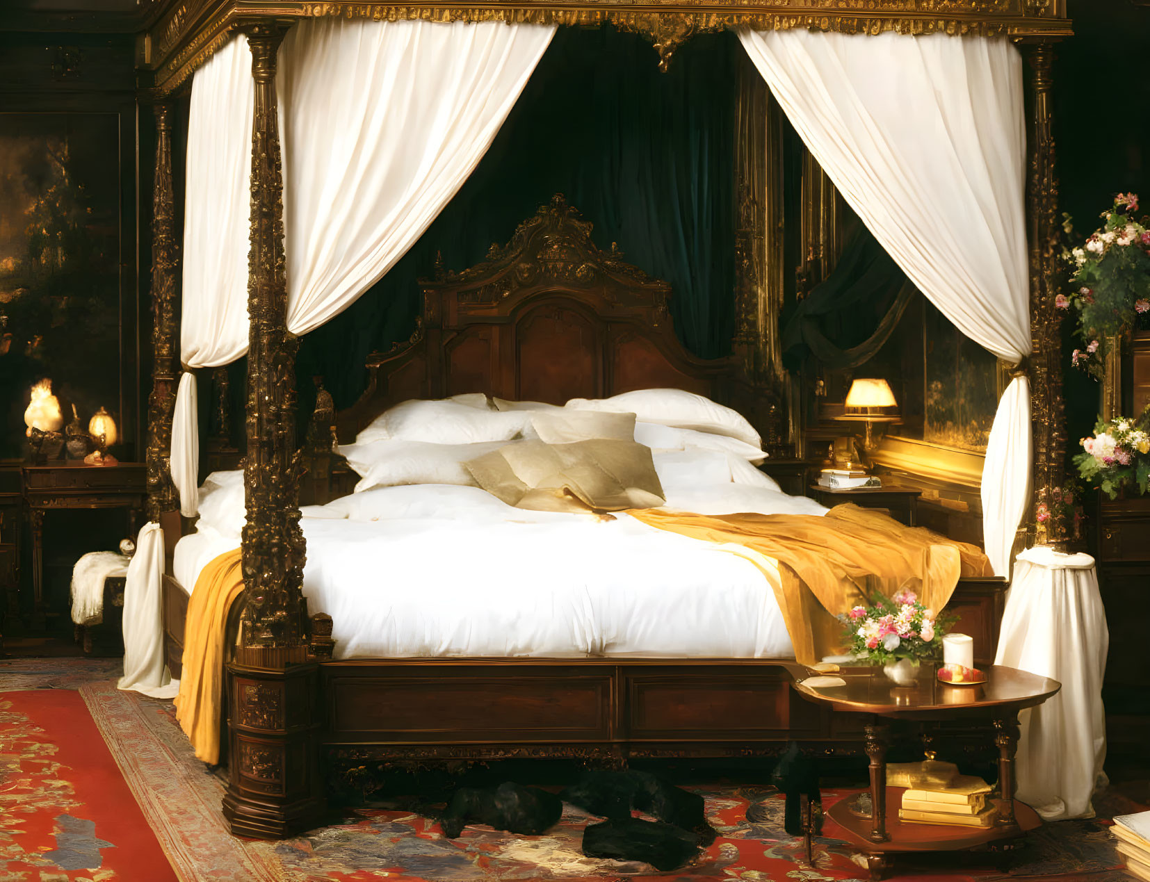 Luxurious Victorian Bedroom with Four-Poster Bed and Ornate Wood Carvings