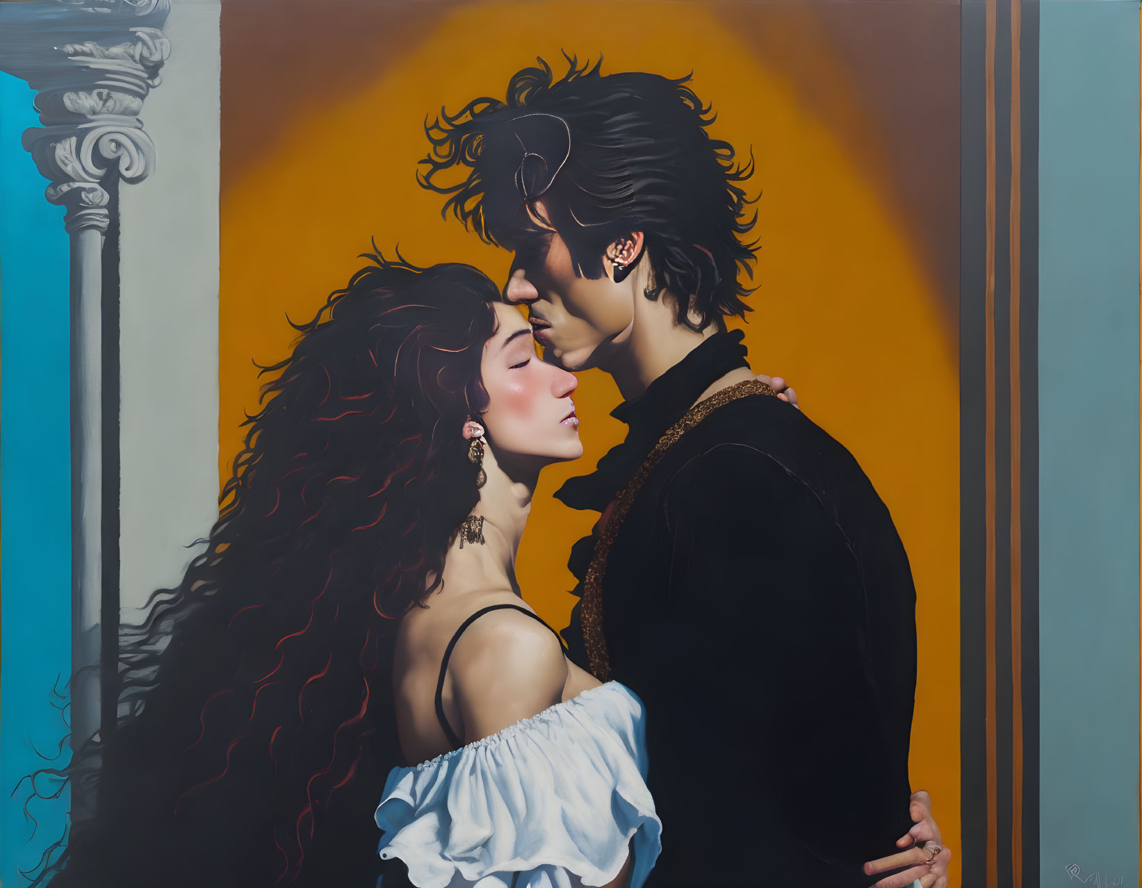 Romantic couple painting with dark hair in period clothing