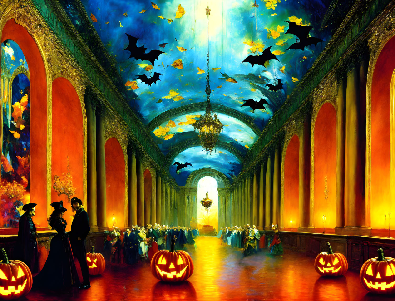 Colorful Halloween Hall with Costumed People, Jack-o'-lanterns, Bats, and