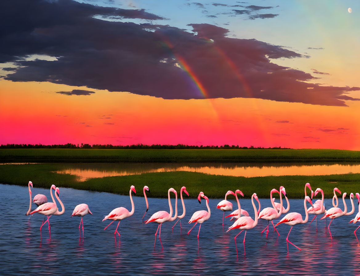 Flamingos in calm waters at twilight with rainbow and sunset sky