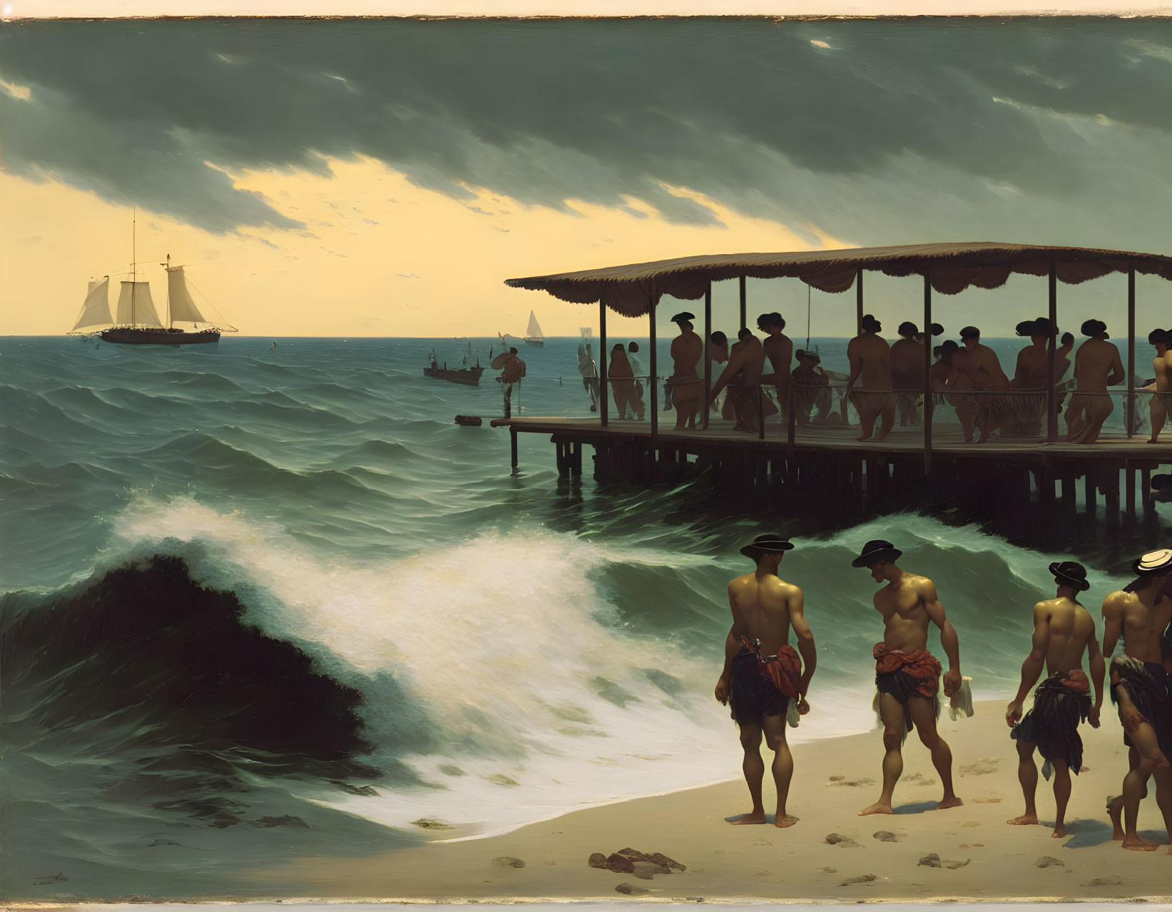 Vintage beach scene painting with people on pier, sailboat at sea, and crashing wave.