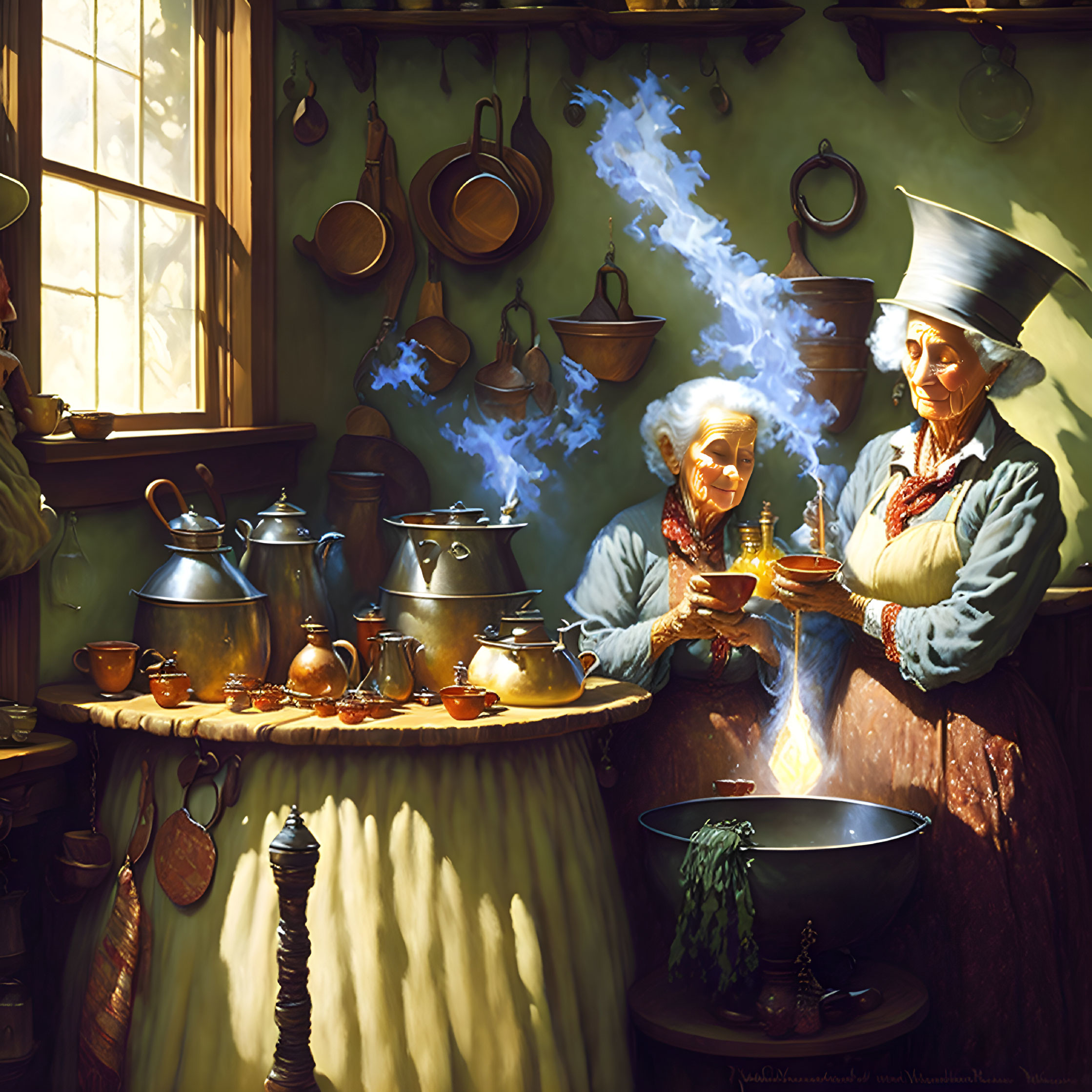 Elderly women in sunlit kitchen brewing magical potion with blue flames