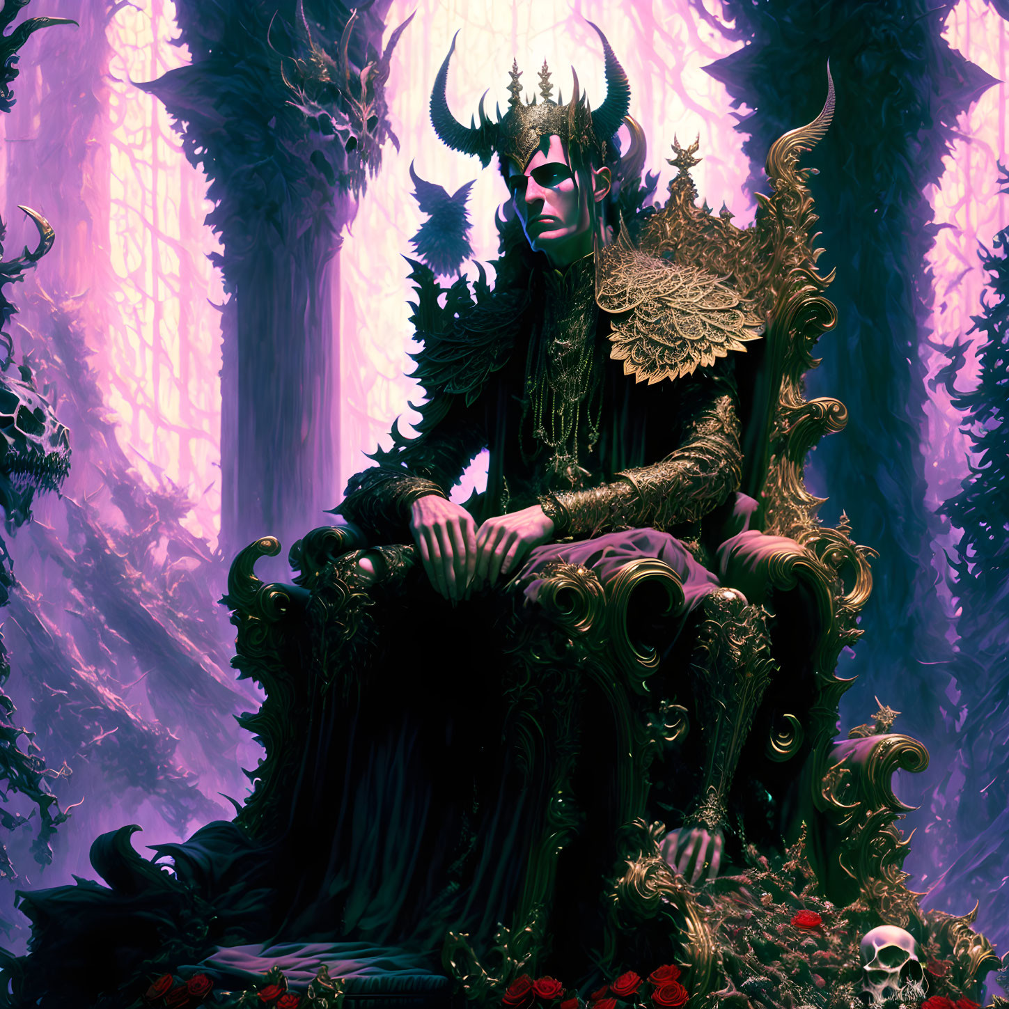 Regal figure in ornate armor on gothic throne in mystical forest