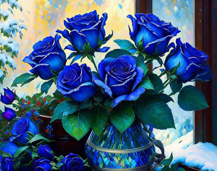 Digital Art: Blue Roses in Patterned Vase on Colorful Background