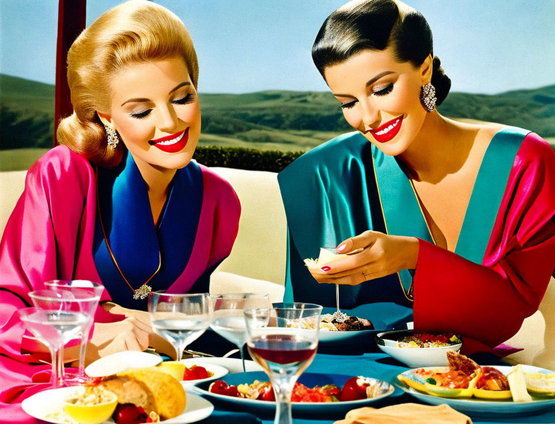 Two elegantly dressed women dining outdoors with colorful dishes and wine glasses in a vibrant setting