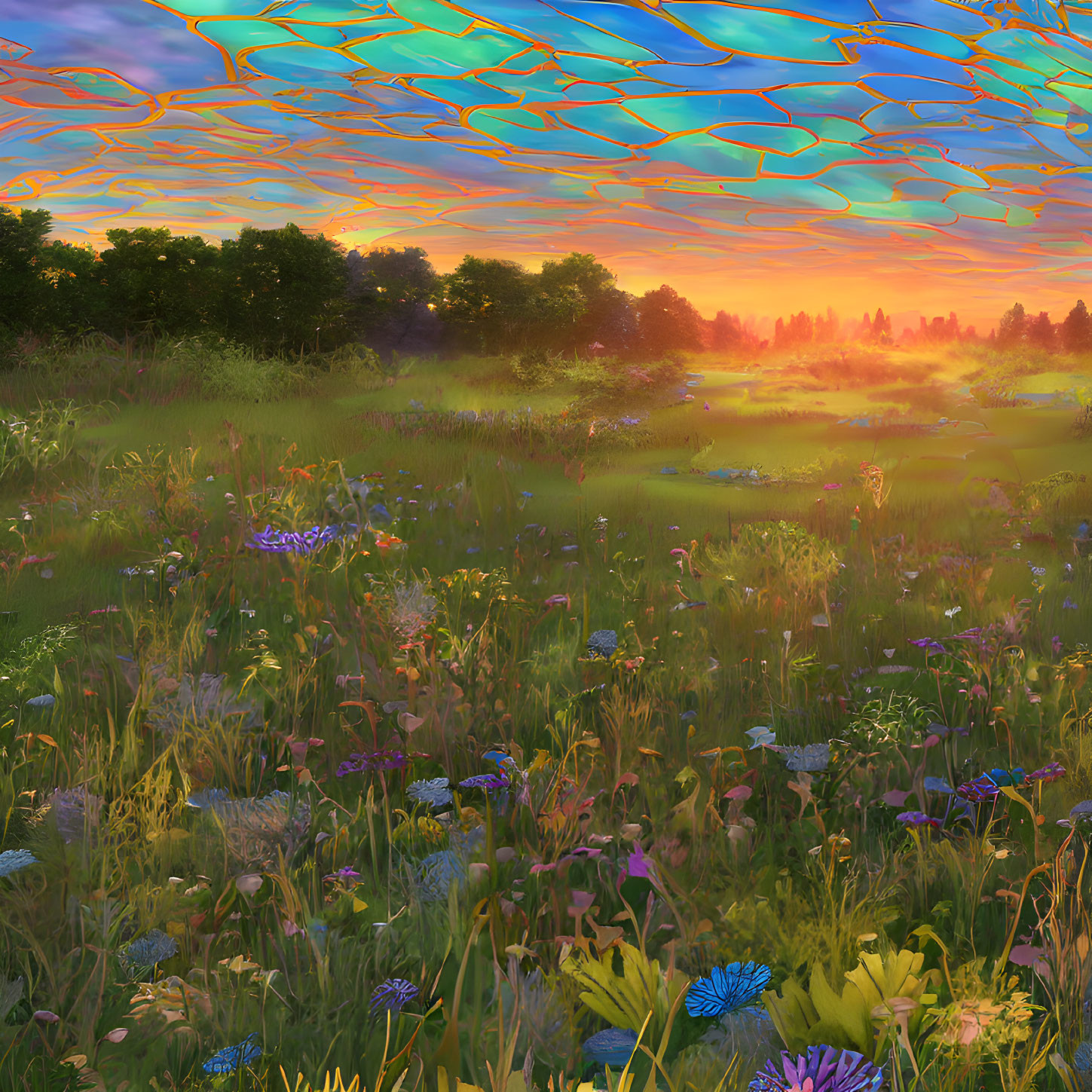 Colorful wildflowers in a sunrise meadow under a patterned sky