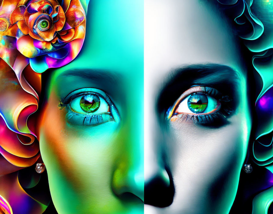 Colorful diptych of woman's face with floral patterns and intricate designs