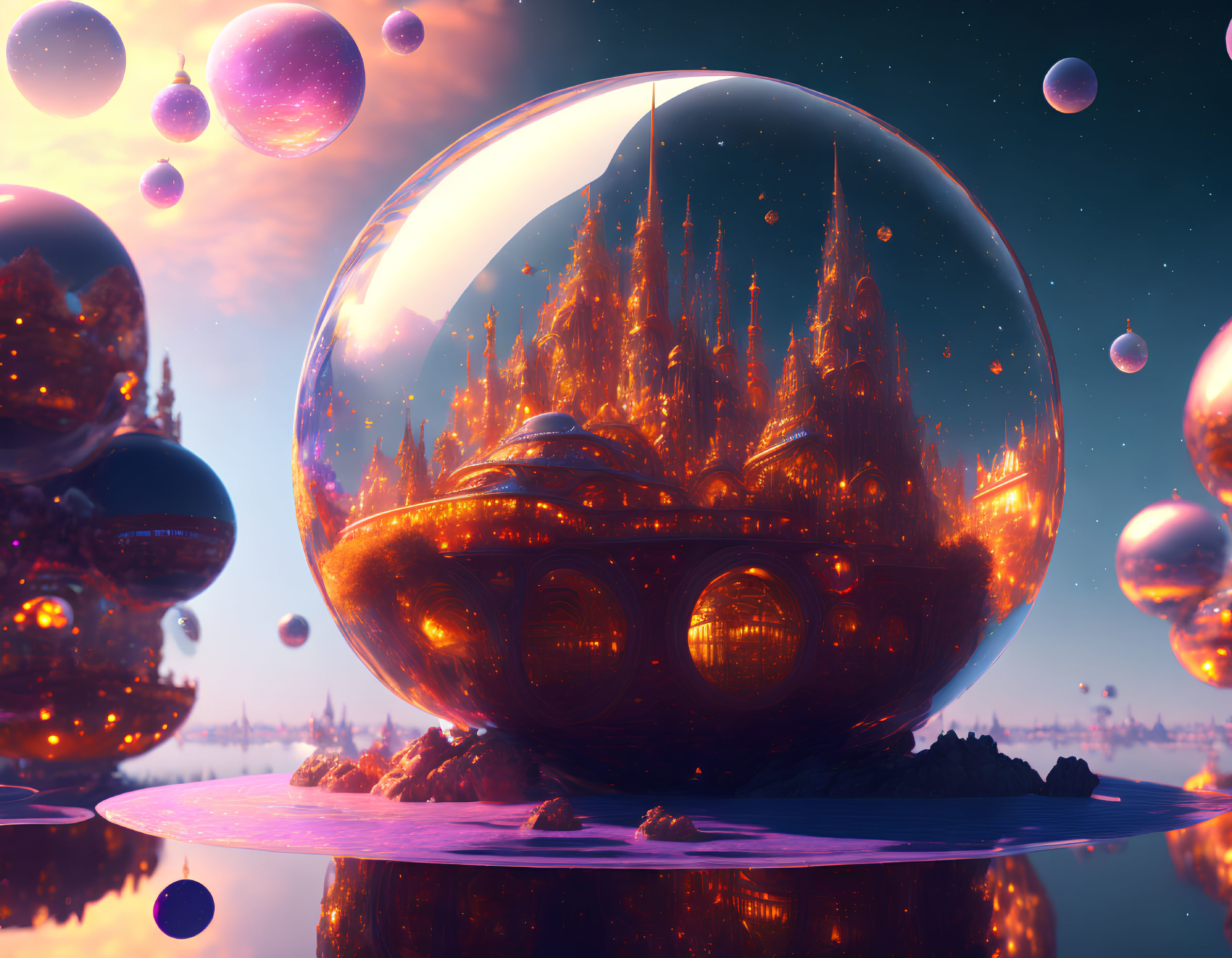 Transparent sphere encapsulates futuristic city with floating smaller spheres in dusky sky