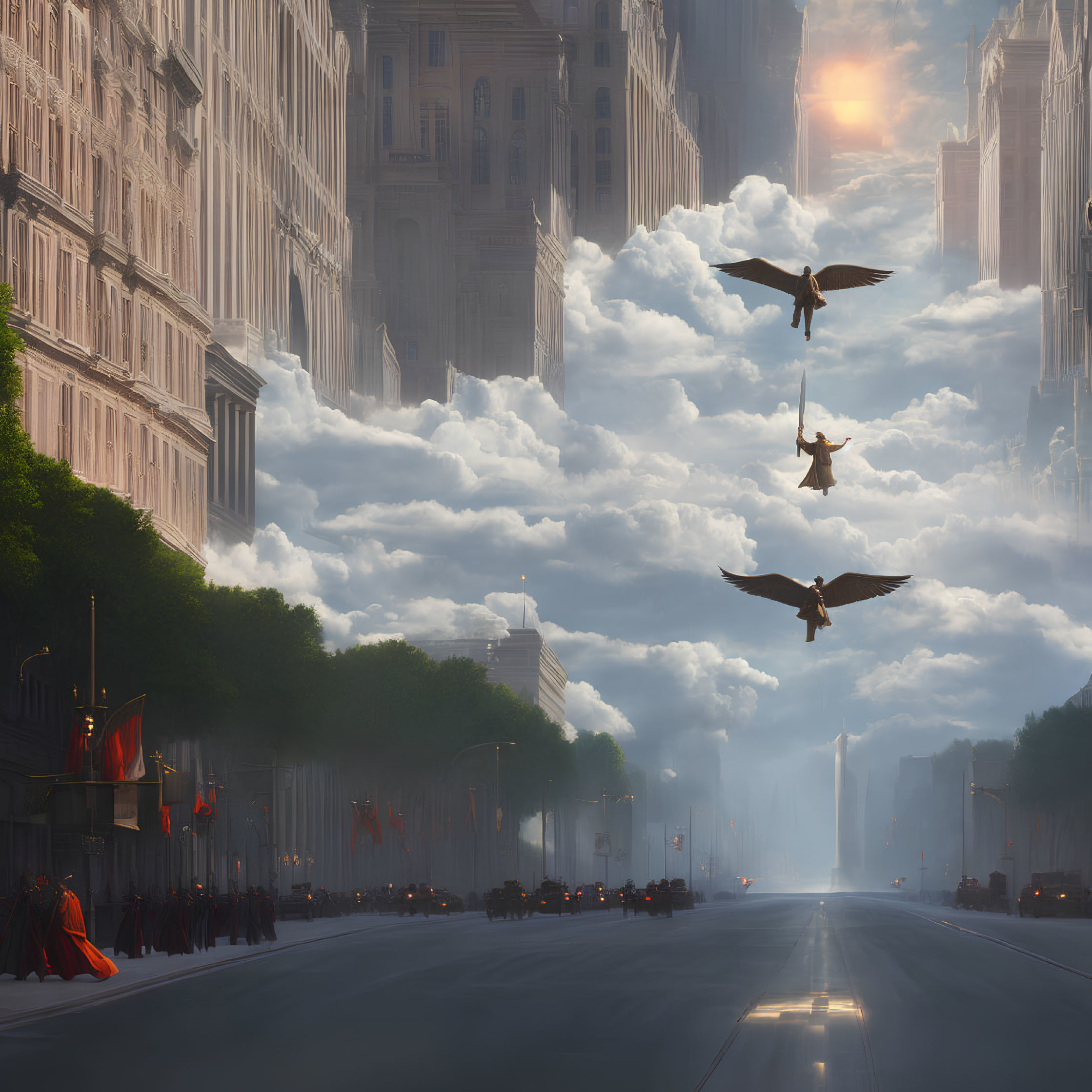 Fantasy cityscape at sunset with dragon-like creatures and figures in red cloaks