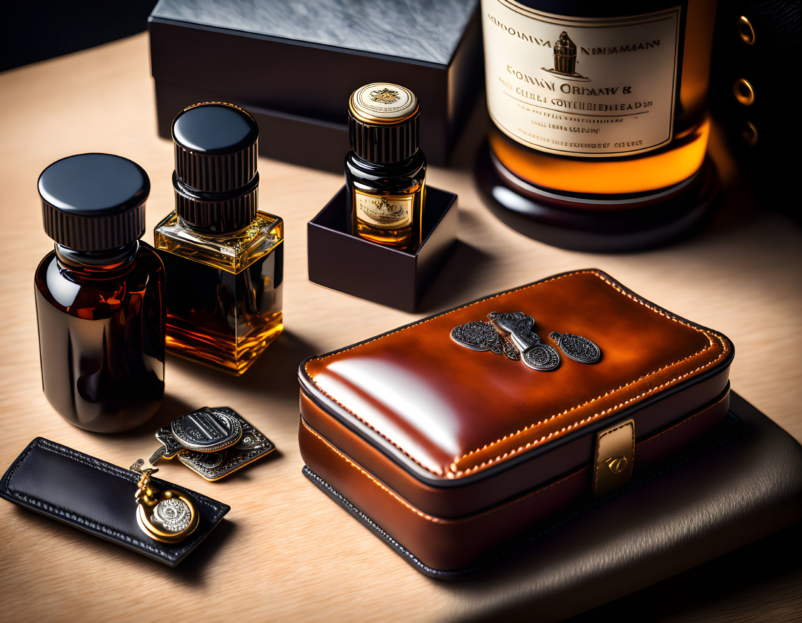 Elegant luxury grooming set with cologne bottles, leather case, and metallic emblems