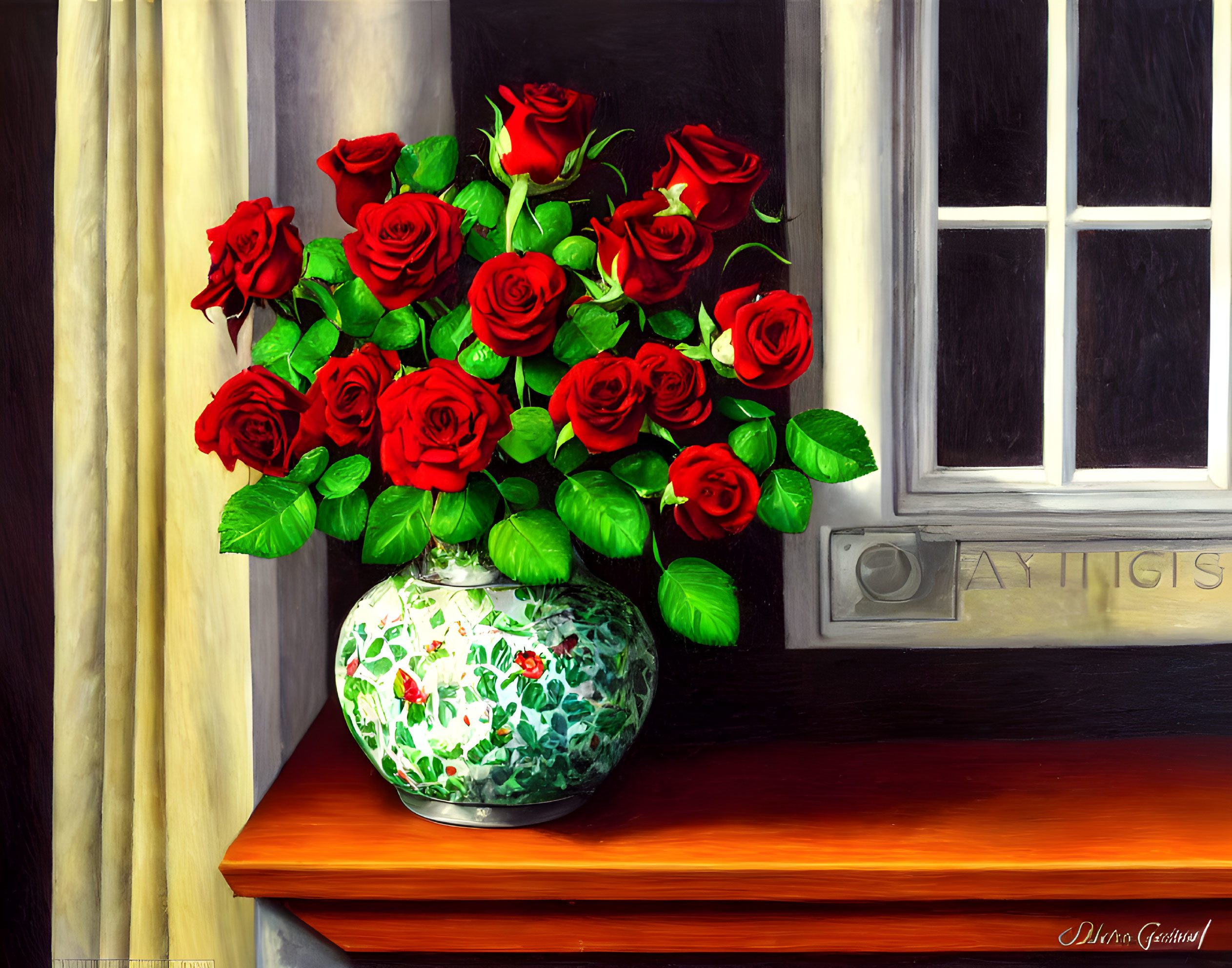 Red roses bouquet in patterned vase on wooden windowsill with white shutters.