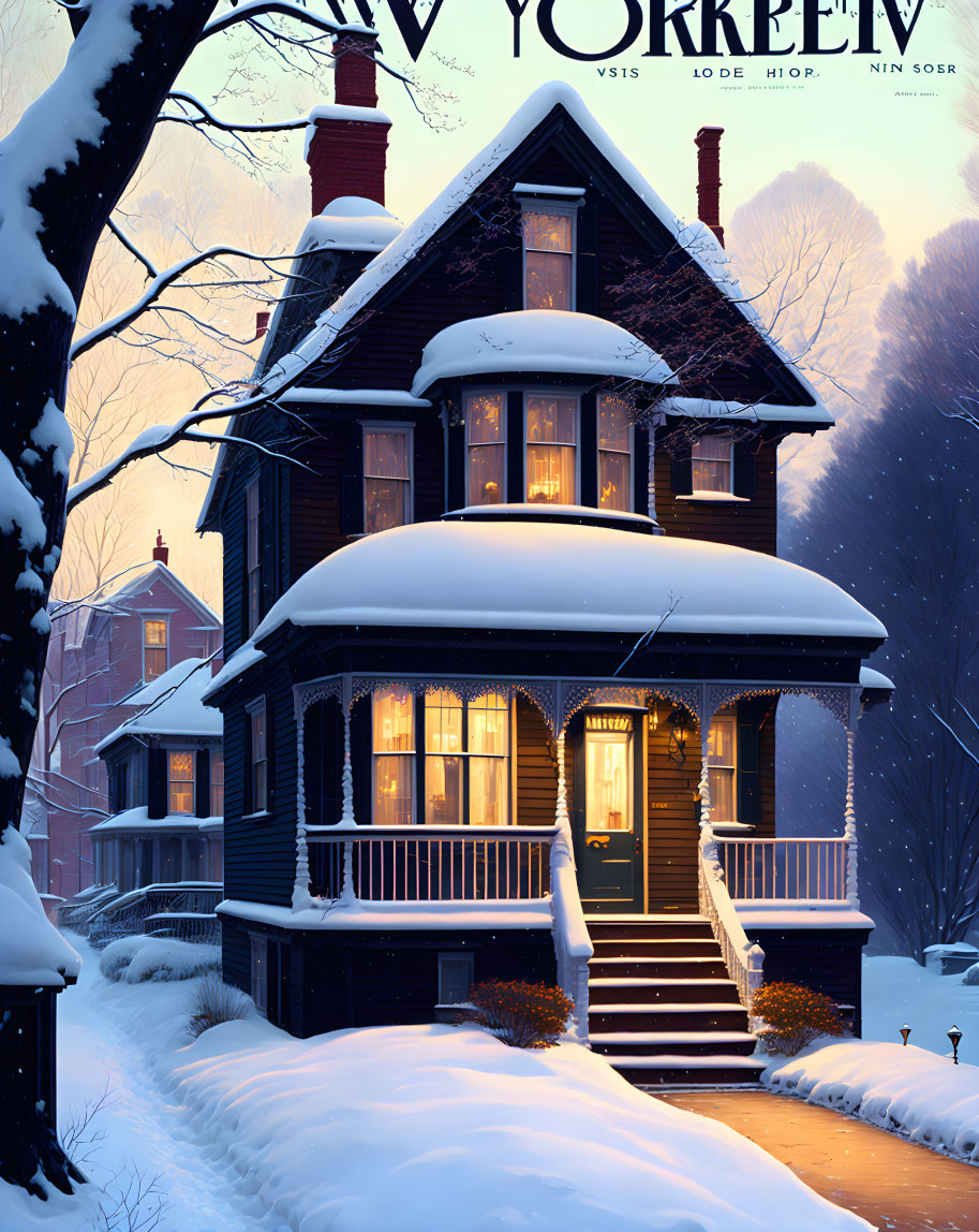 Snow-covered two-story house with lit entrance and warm glow at twilight