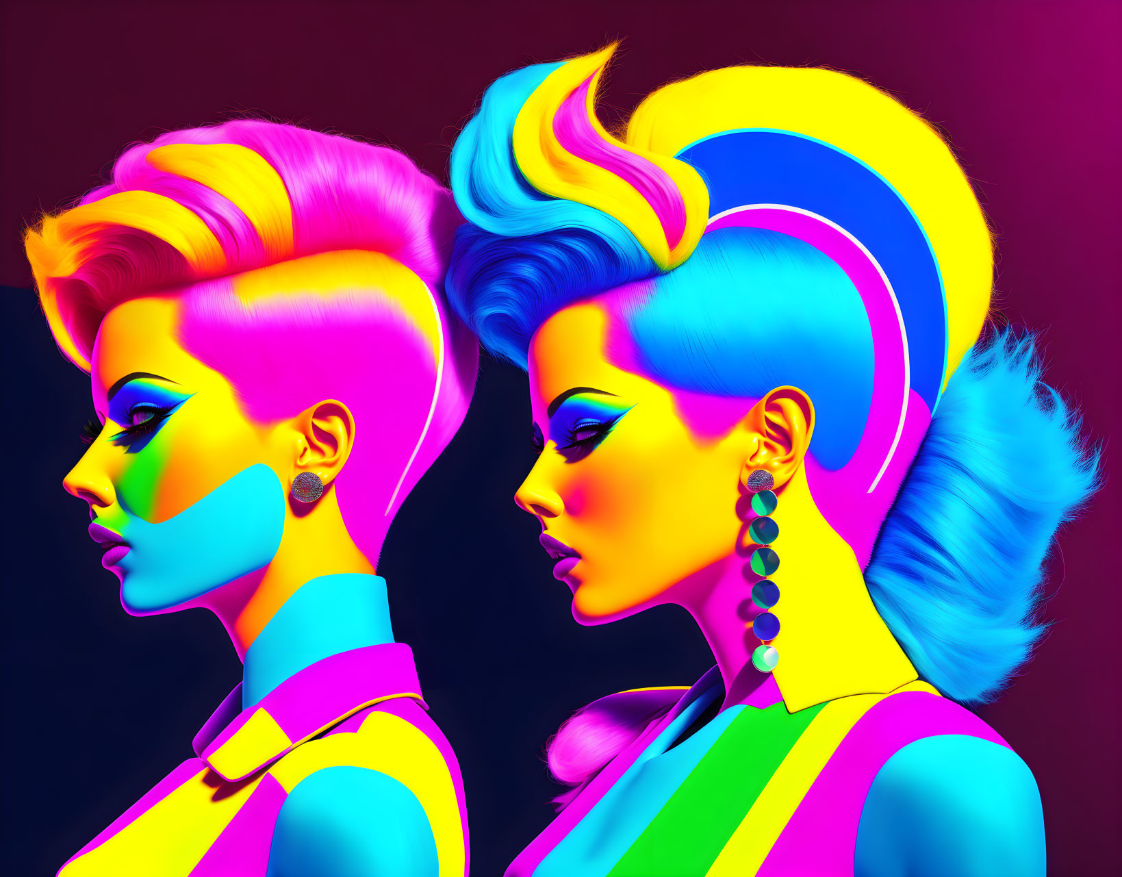 Neon pop art digital artwork of two profiles with vibrant hair and makeup