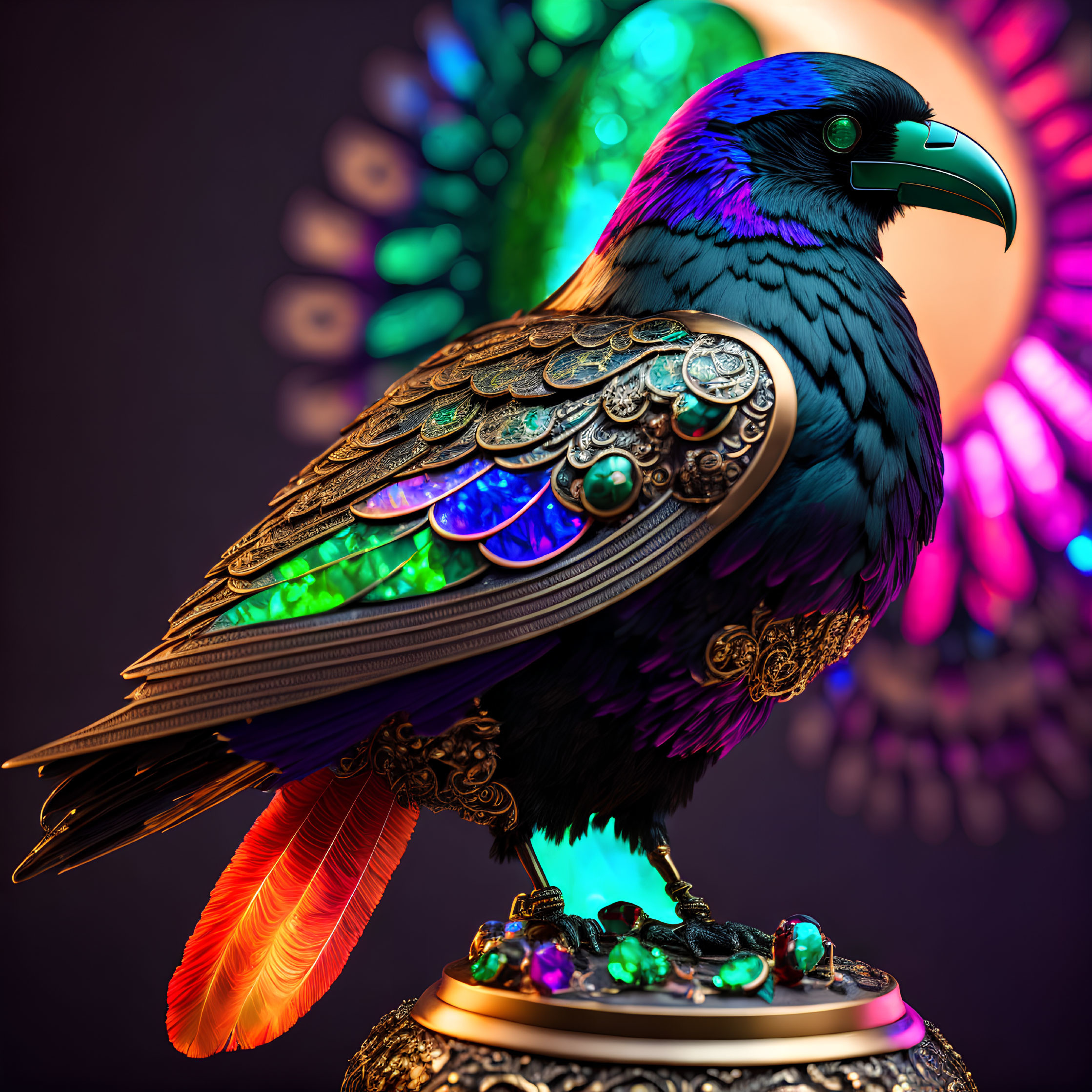 Colorful CGI-rendered raven on ornate base with iridescent feathers