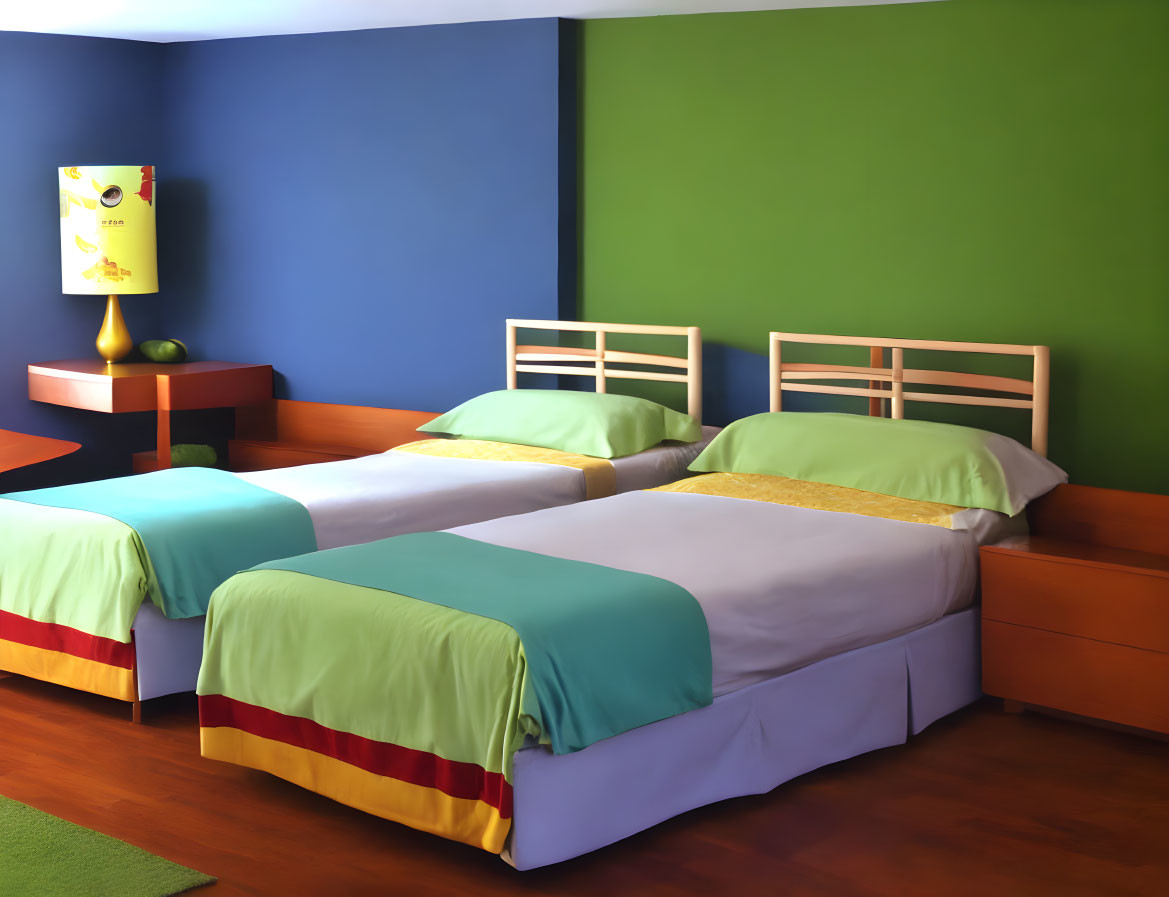 Colorful Children's Bedroom with Twin Beds and Whimsical Lamp