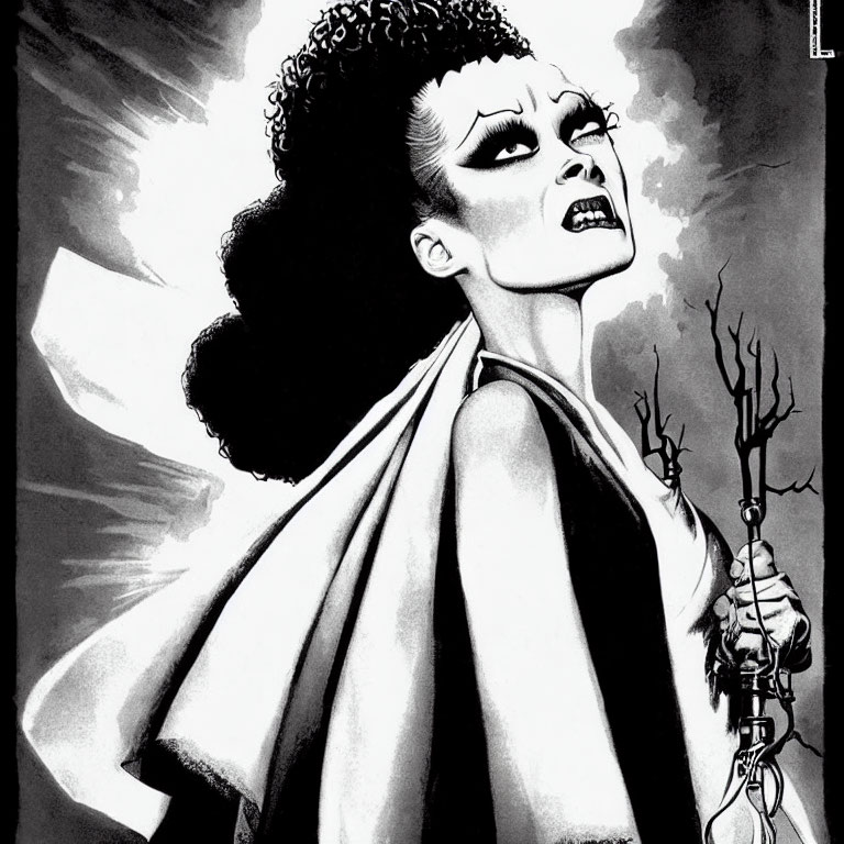 Monochrome illustration of a fierce woman with dramatic makeup, curly hair, cape, and candlestick.