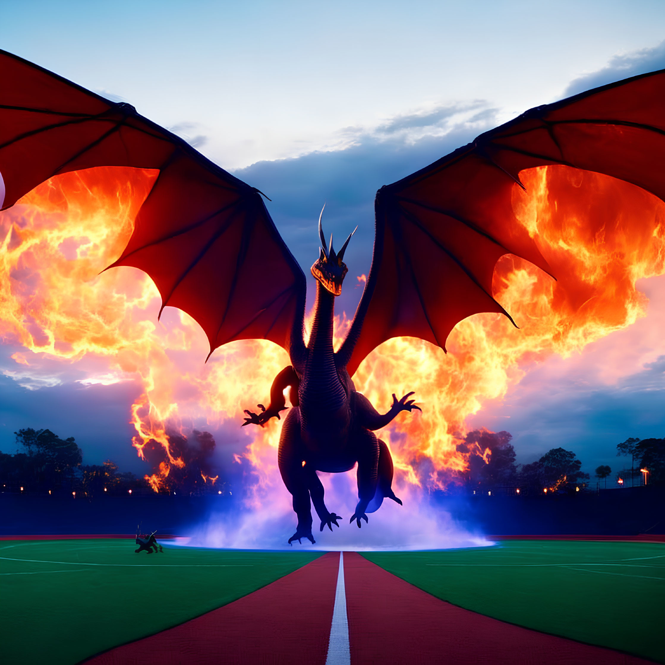 Fiery dragon with outstretched wings on sports field at dusk