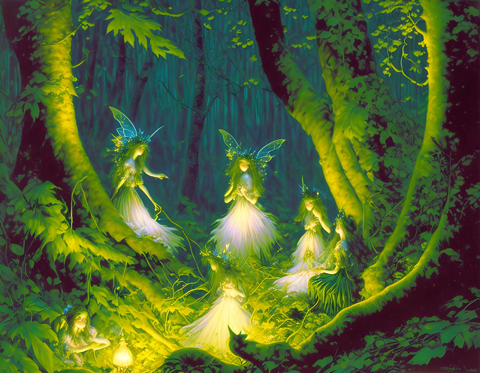 Ethereal fairies in luminous forest with overgrown trees