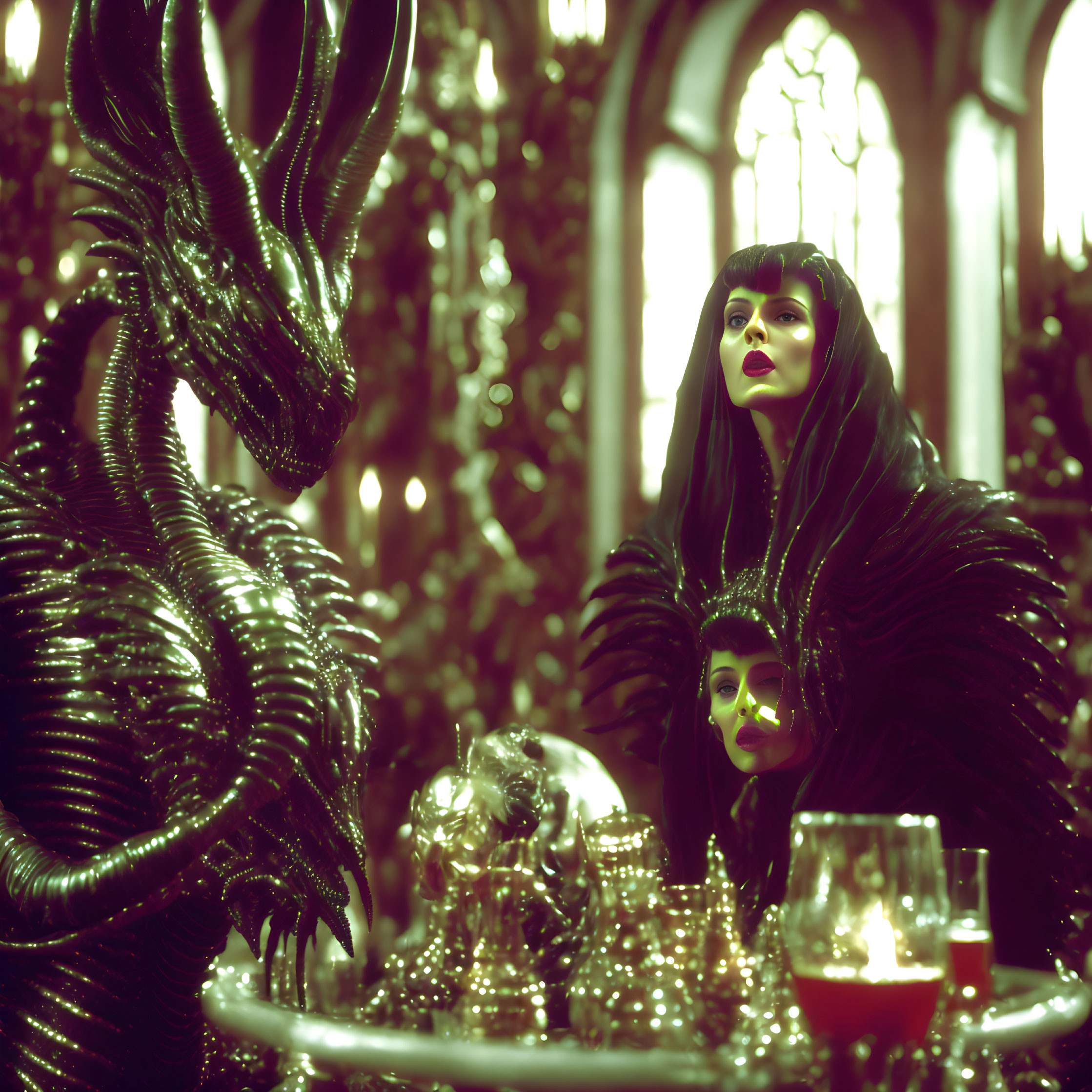 Gothic fantasy woman near black dragon sculpture in ornate decor