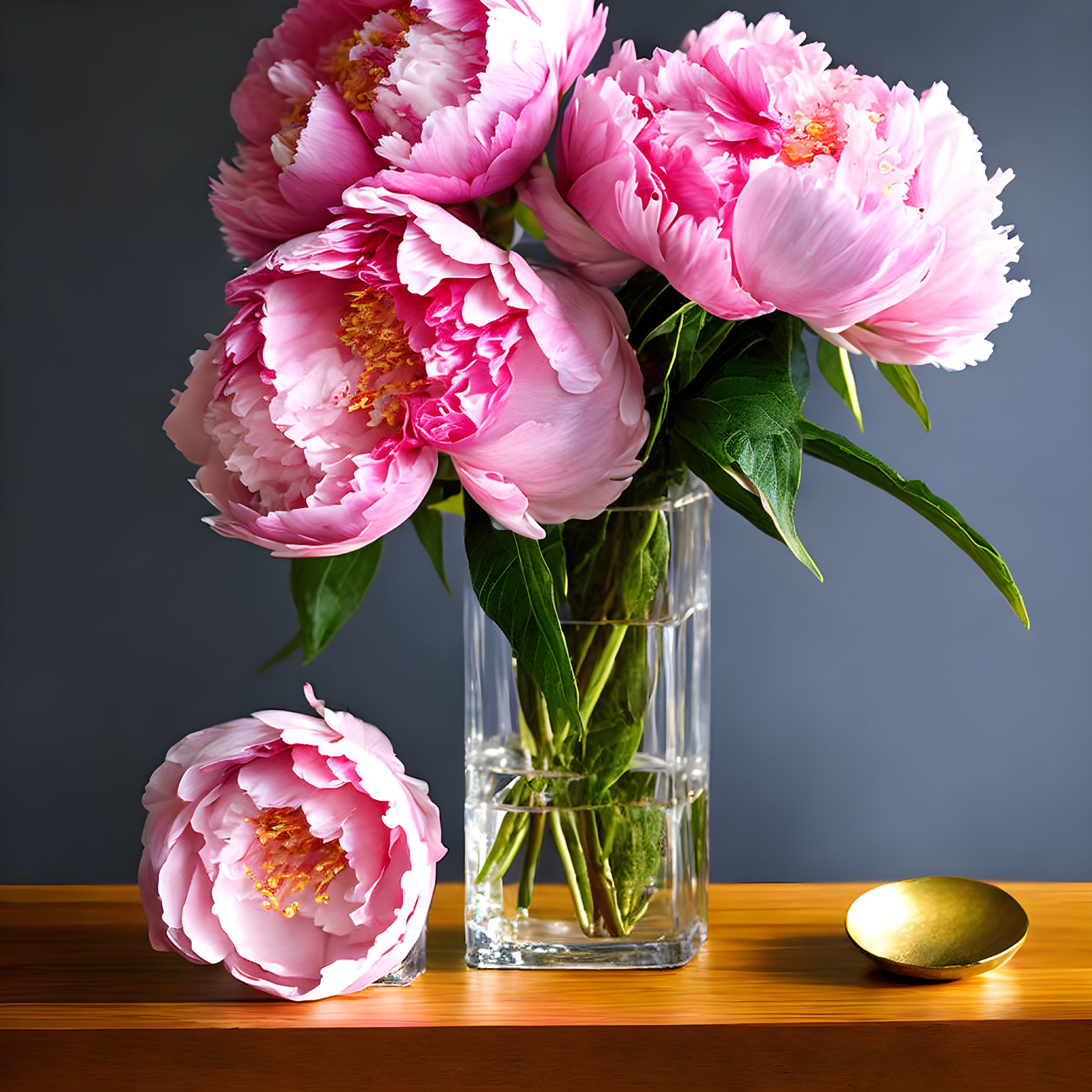 Pink peonies bouquet in clear glass vase with single bloom and golden spoon