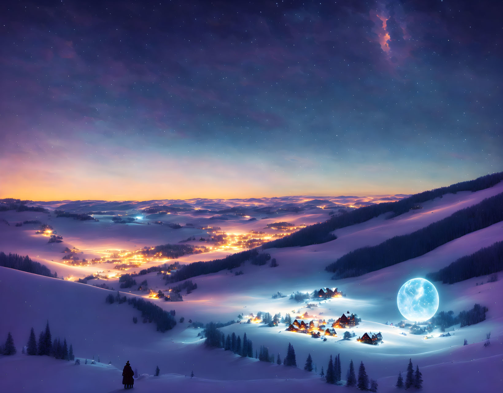 Snowy Night Landscape with Moon, Starry Sky, Villages, and Observer