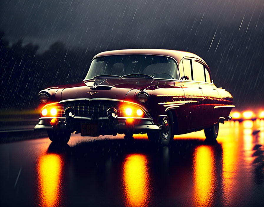 Classic Car Night Scene: Wet Road with Headlights and Taillights