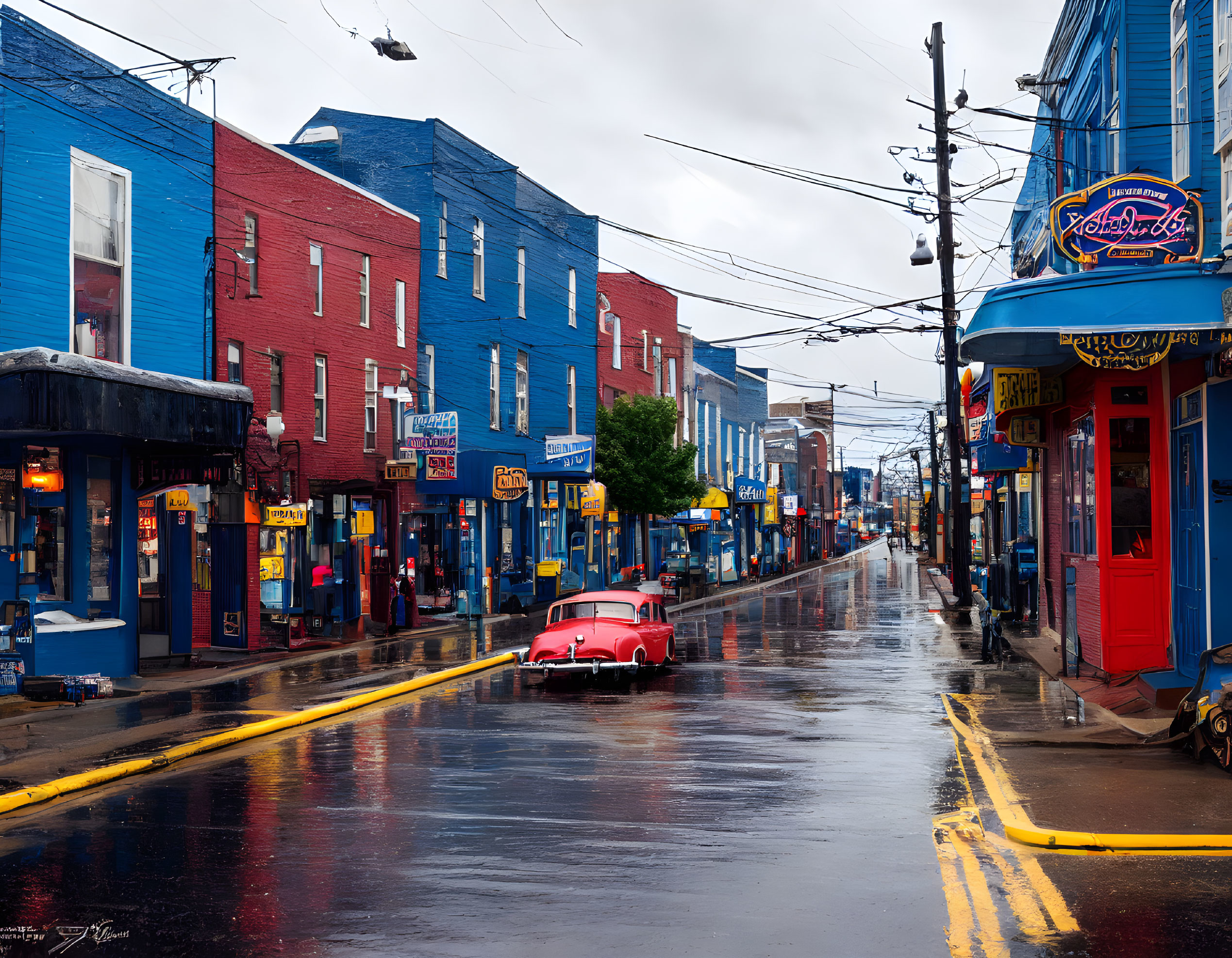 Colorful urban scene with wet pavement, red car, and overhead cables under cloudy sky