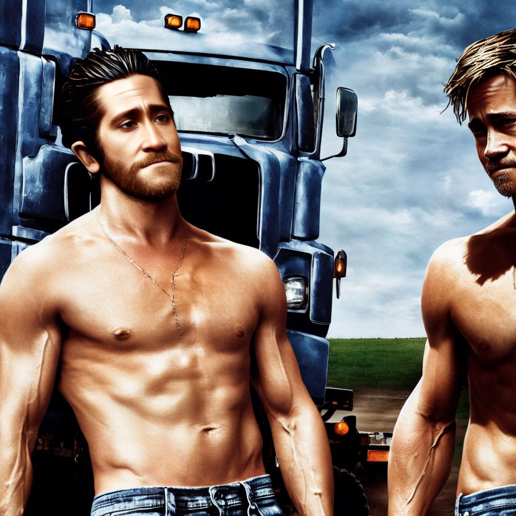 Twin muscular men posing by blue truck under cloudy sky