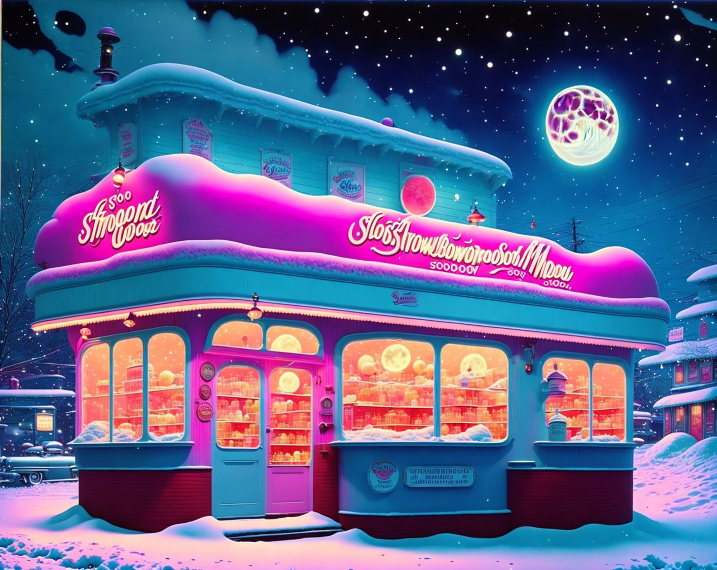 Snow-covered diner with neon lights and pink moon at night