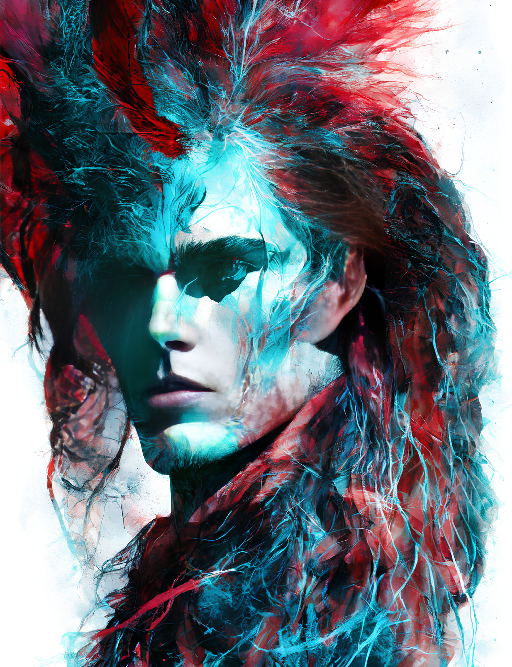 Vivid red and blue artistic portrait with intense eyes and feather-like textures