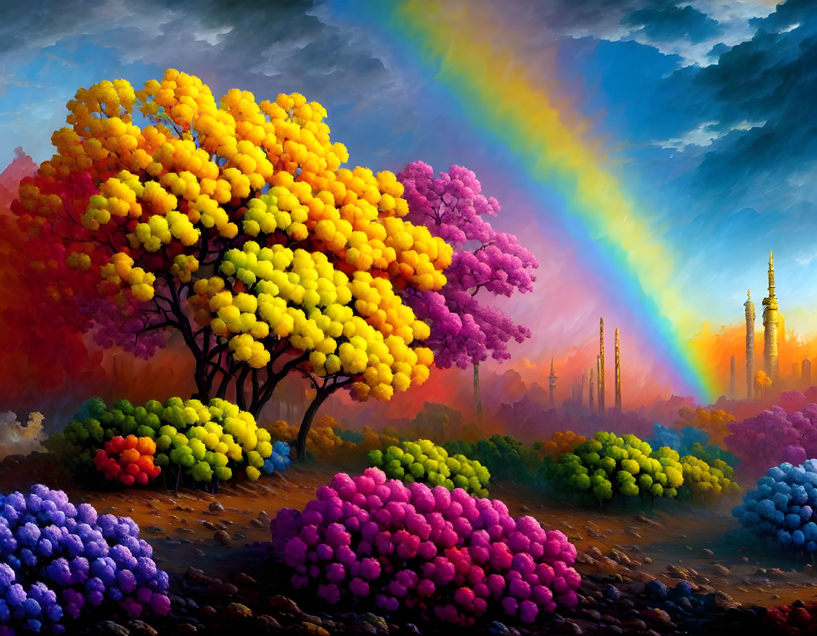 Colorful Trees and Rainbow in Dramatic Sky Painting