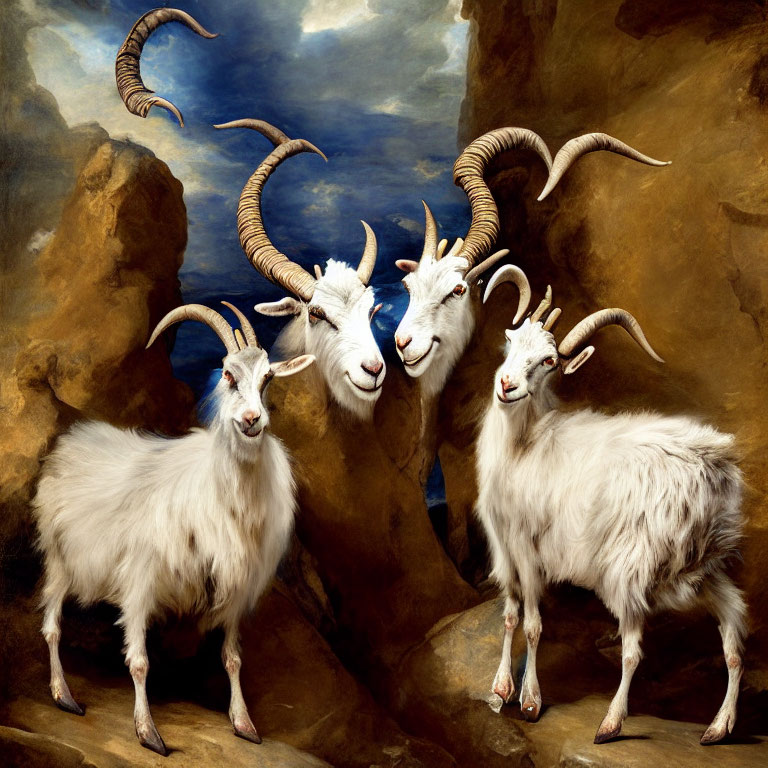 Four White Goats with Curved Horns on Rocky Terrain Under Cloudy Sky