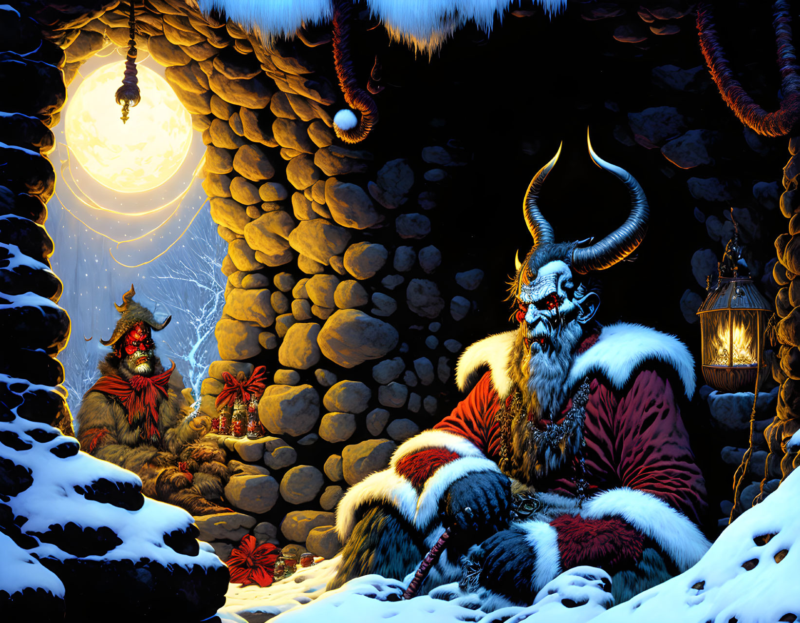 Horned Santa-like creature in snowy cave under full moon